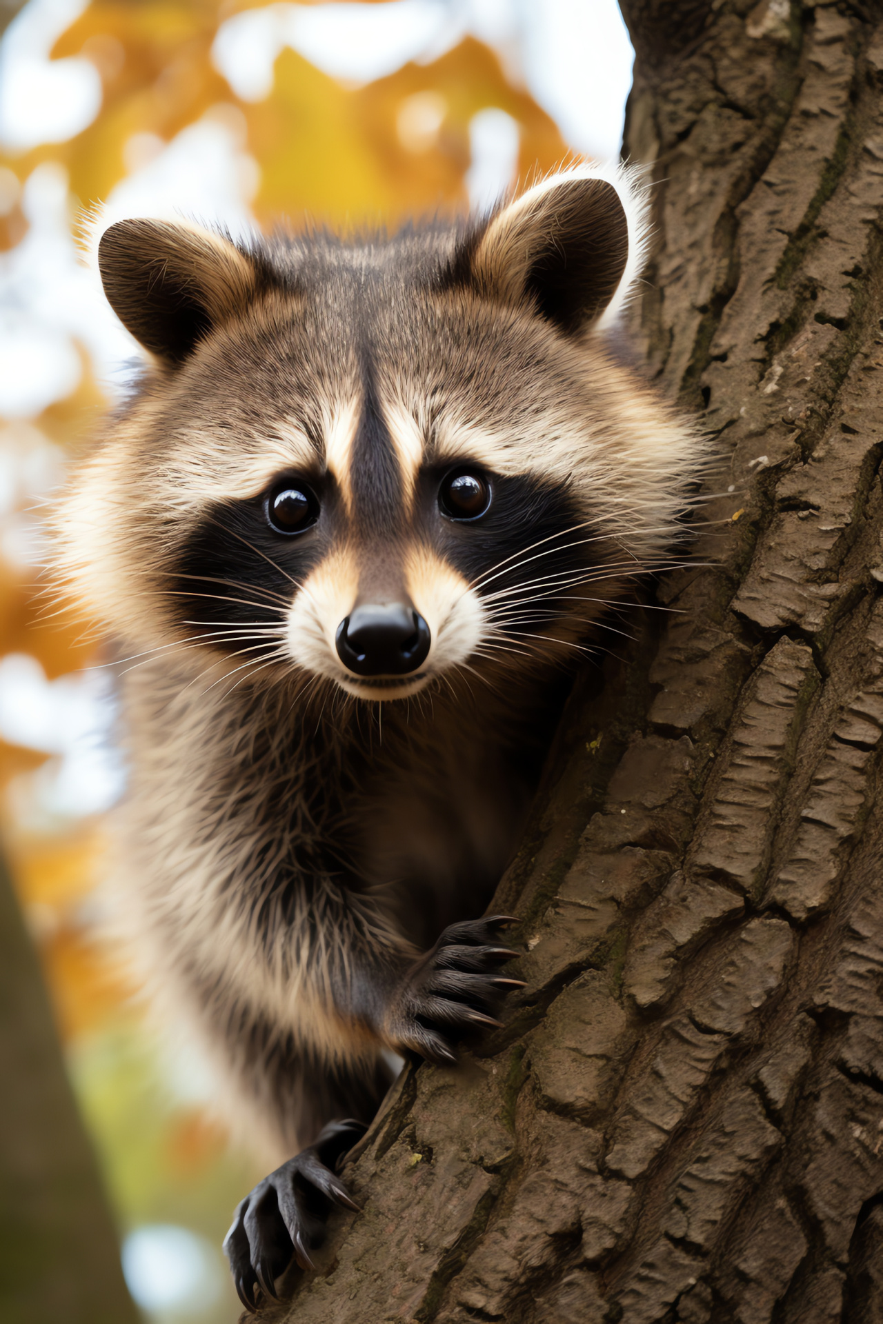 Vibrant raccoon, sapphire glance, nimble creature, ebony and slate fur, HD Phone Image