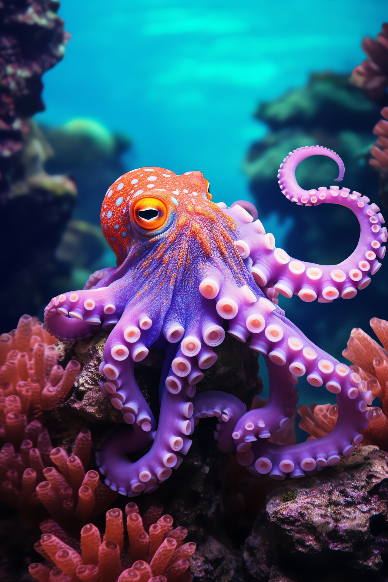 Octopus, coral reef, marine adaptability, underwater spectrum, oceanic survival, HD Phone Wallpaper