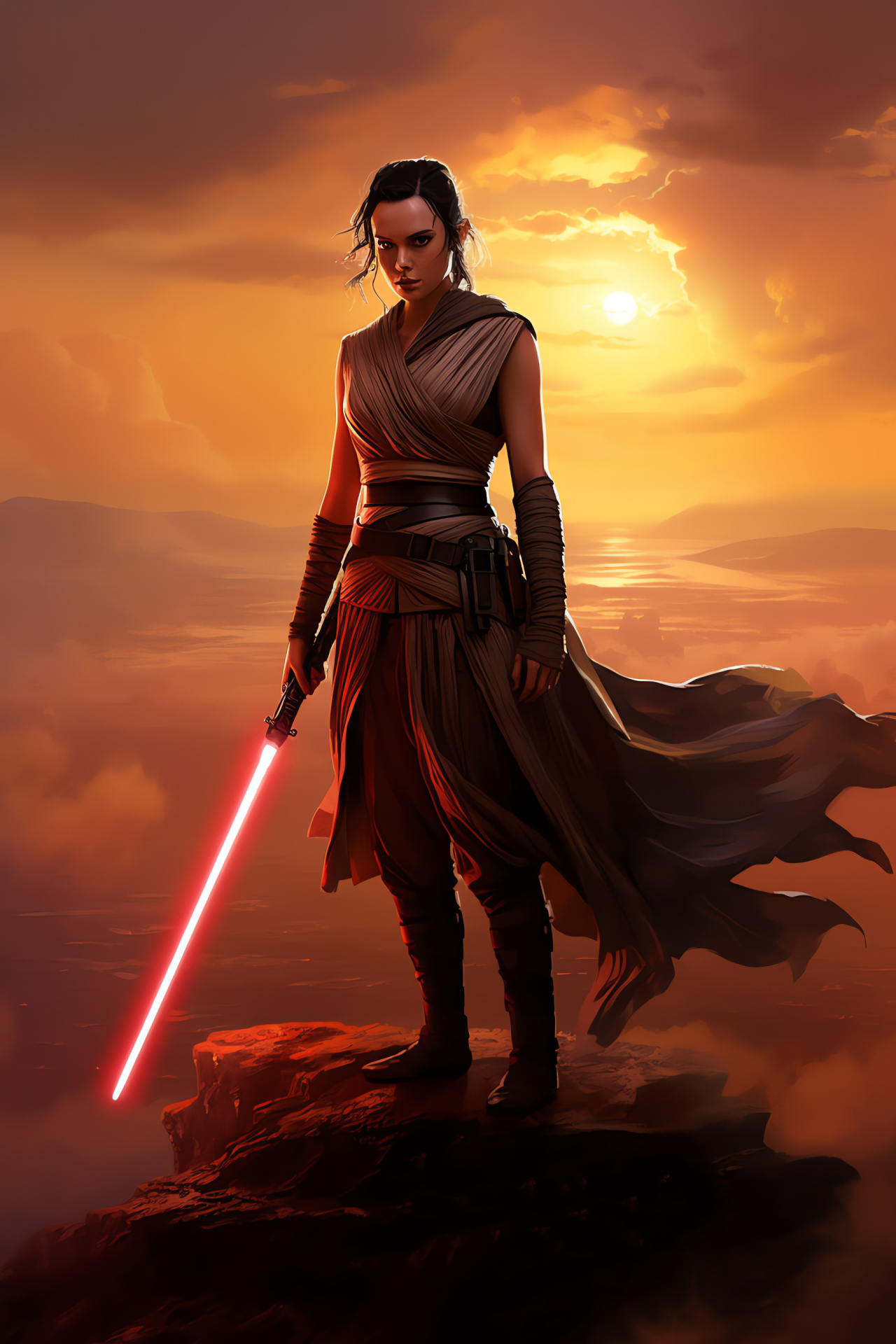 Rey Skywalker ascent, Summit showdown, Jedi weapon, Cloudy heavens, Newfound inspiration, HD Phone Image