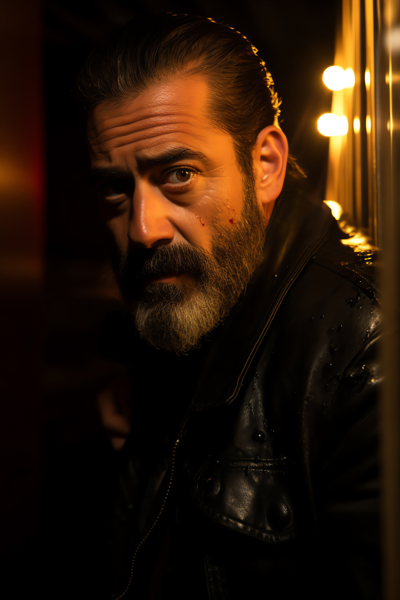 Negan's intense look, Jeffrey Dean Morgan, Neon ambiance, Television drama, Troubled antihero, HD Phone Wallpaper