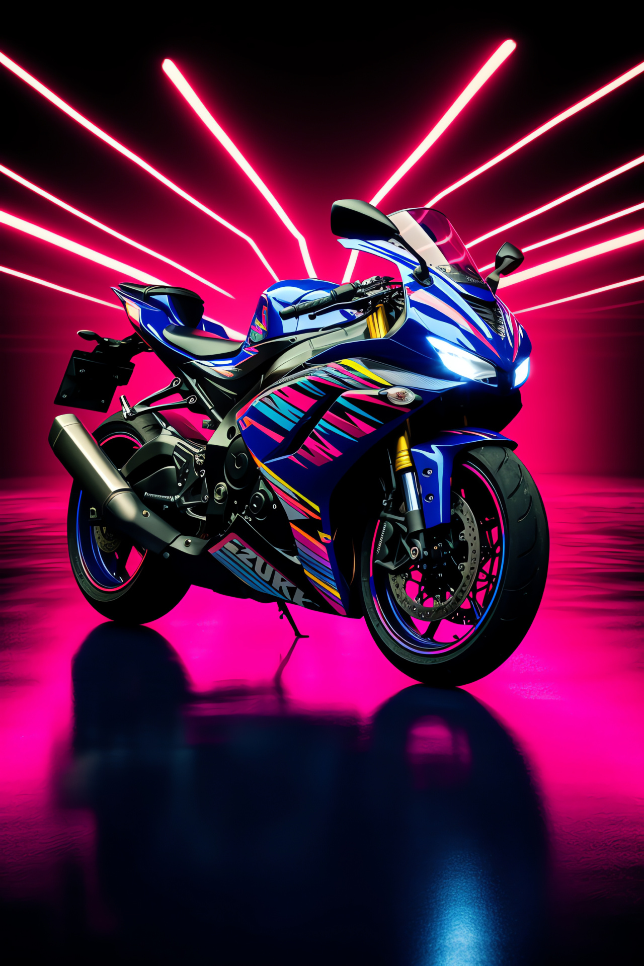 Suzuki GSXR 750 triple-color, Neon light spectacle, High-angle motorbike admiration, Black bike elegance, Vibrant setting interaction, HD Phone Wallpaper