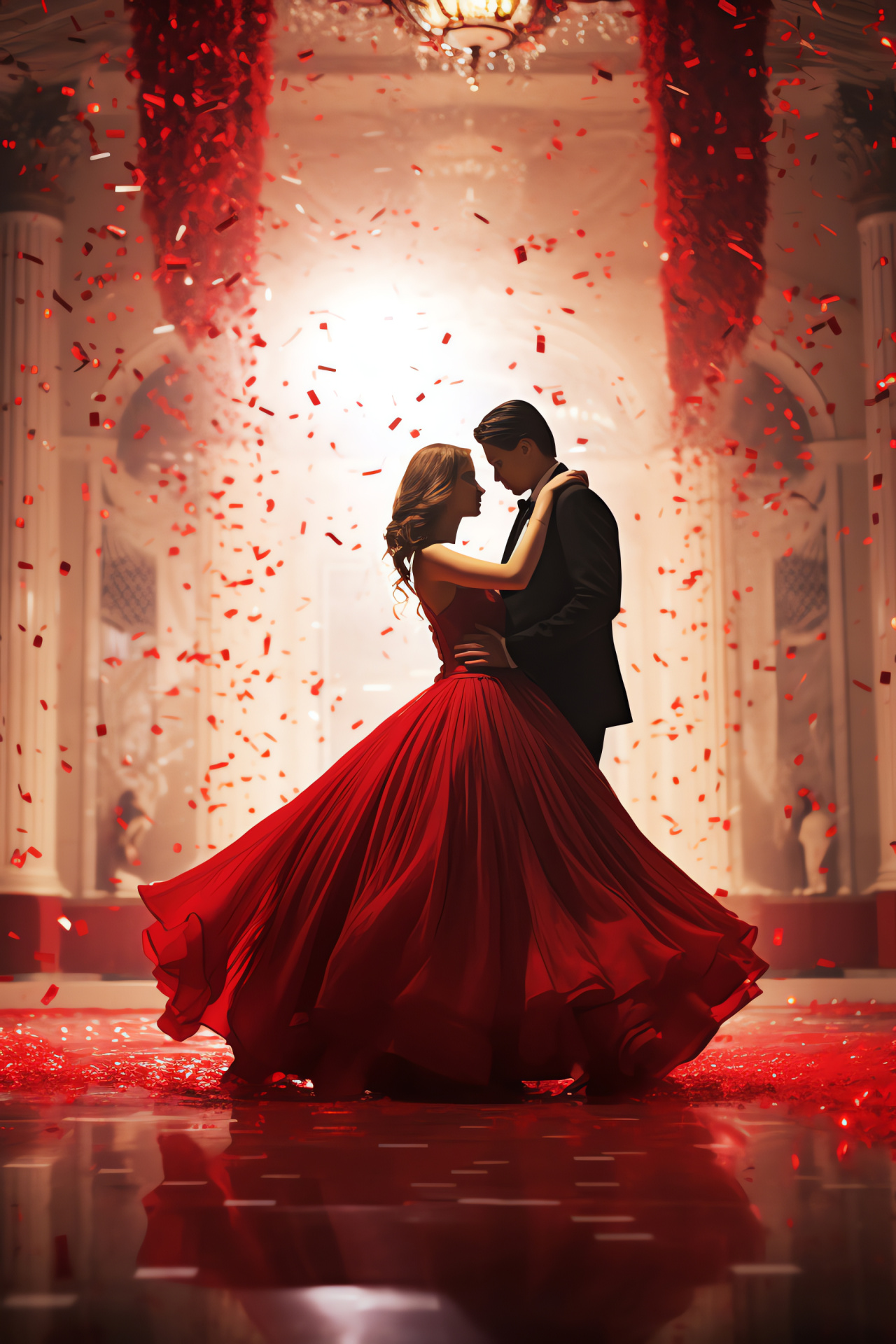 Valentine's dance event, ballroom elegance, sweeping red attire, formal celebration, opulent hall, HD Phone Wallpaper