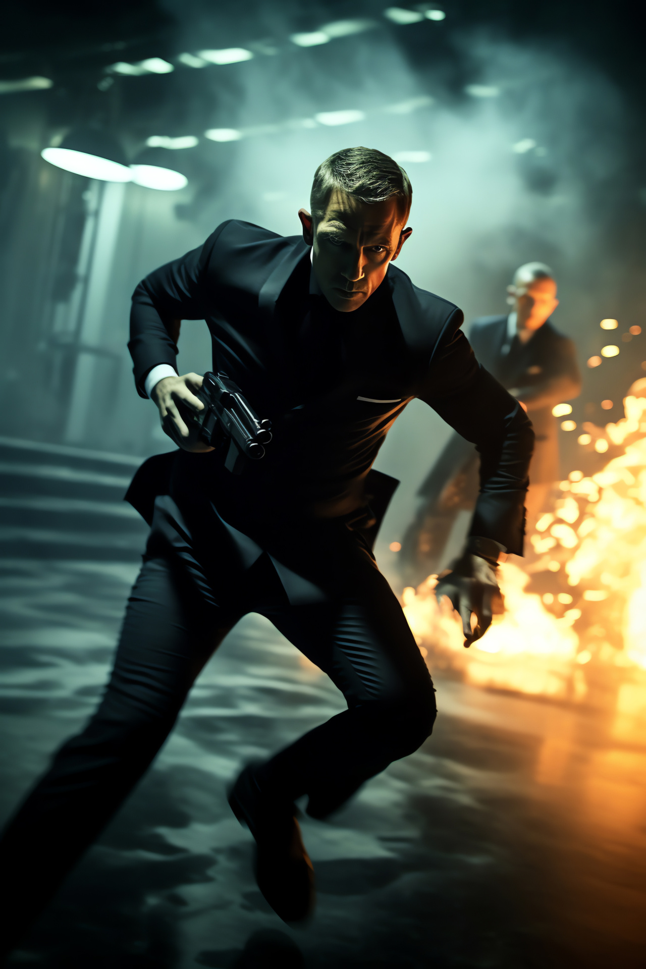 James Bond, Combat skill display, Elite adversary, Secure compound, Combat readiness gear, HD Phone Image