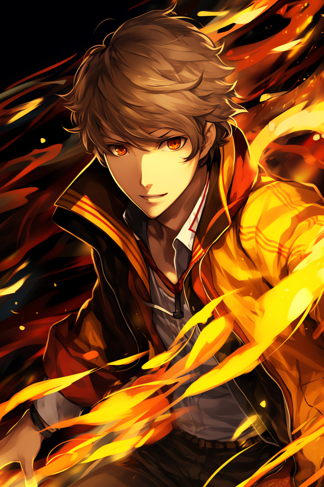 Persona 4 depiction, Yosuke Hanamura gaming, Paired katanas, Adeptness motion, Alacrity display, HD Phone Image