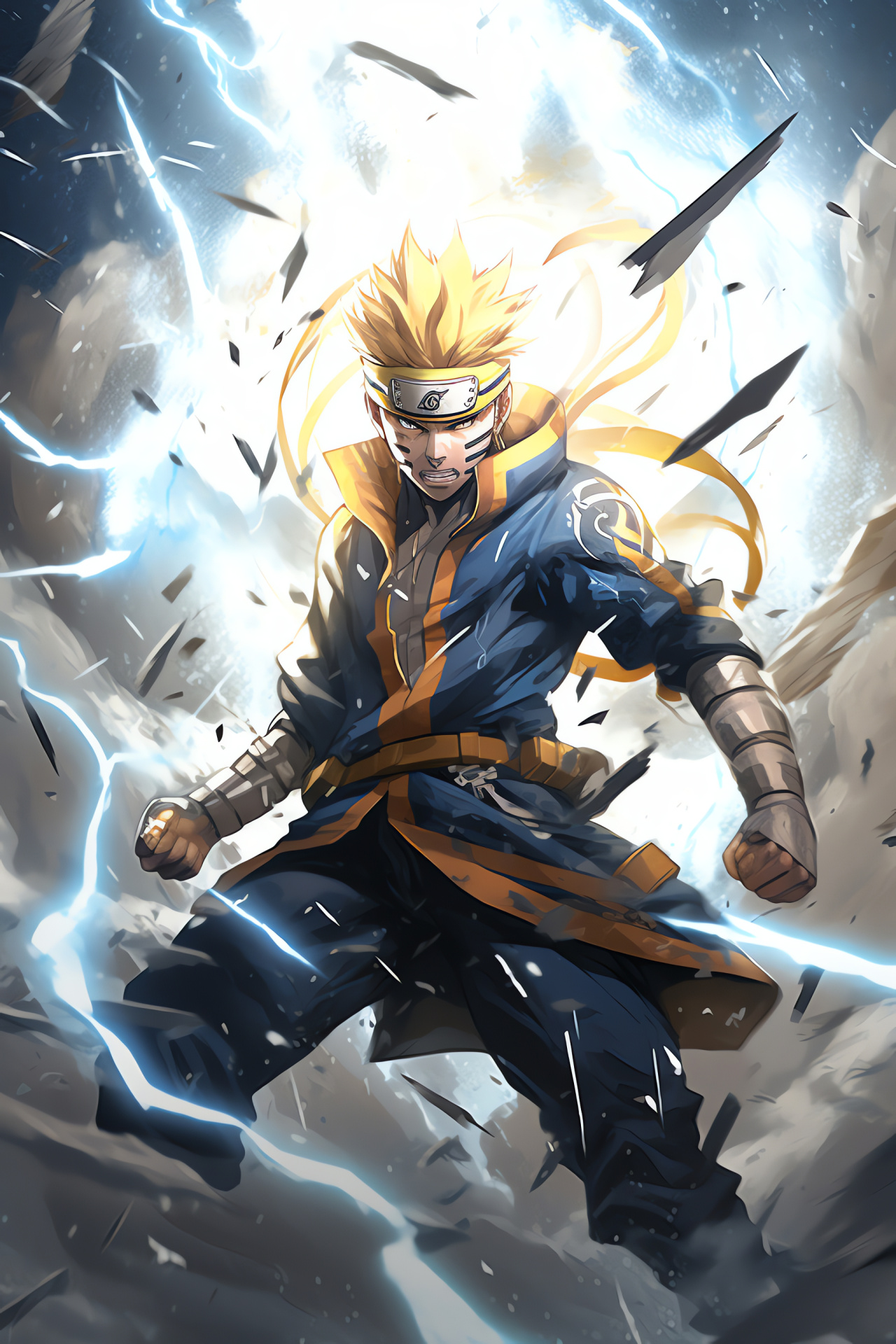 Minato battle scene, Rapid teleportation, Hokage might, Thunderous clash, Anime battlefield, HD Phone Image