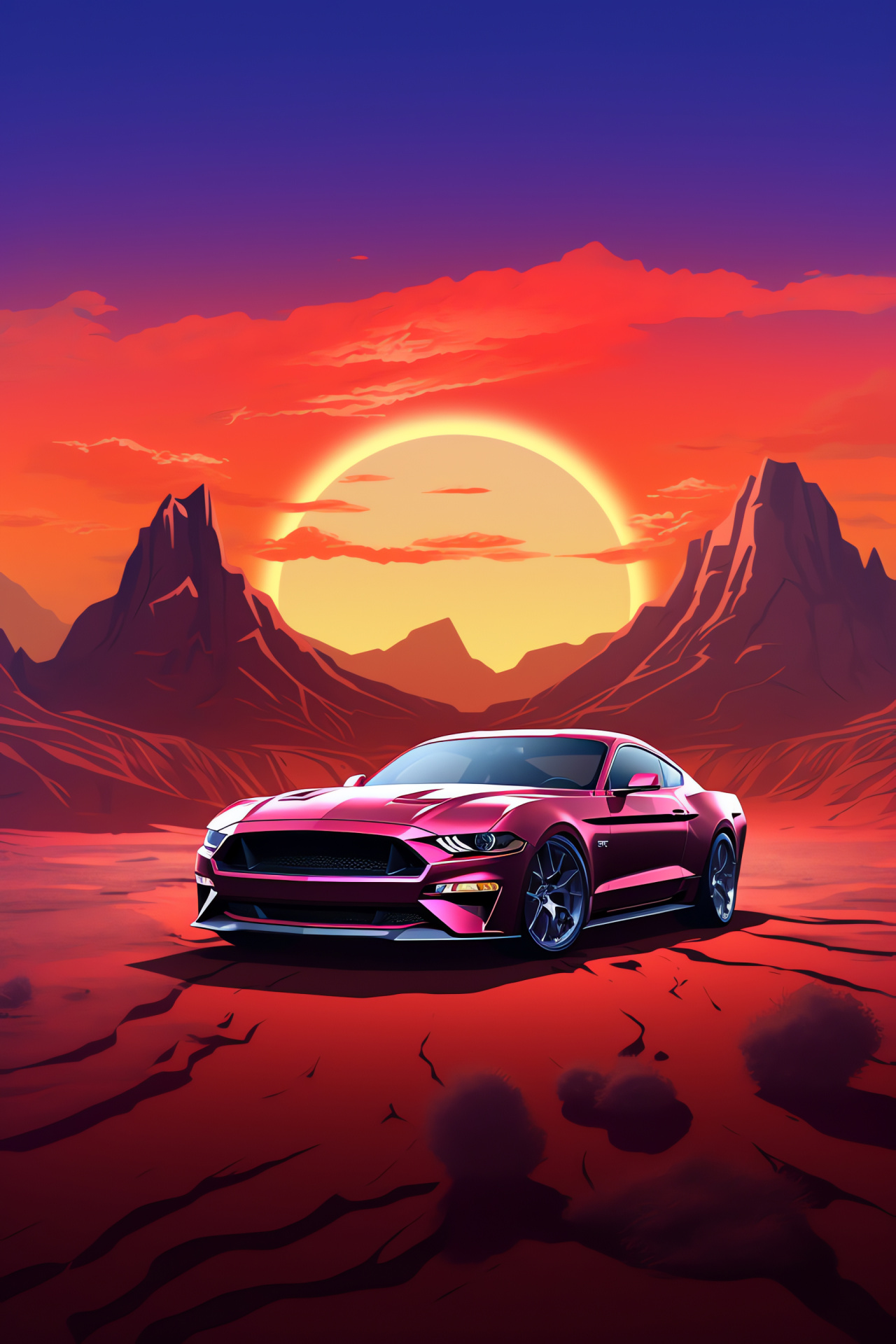 Mustang profile, Dreamlike environment, Geometric array of hues, Streamlined car body, Artistic backdrop, HD Phone Image