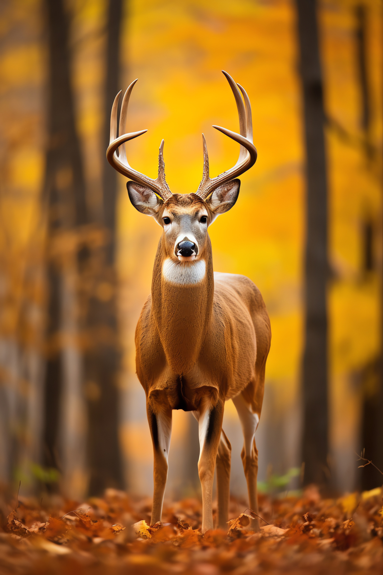 Whitetail Deer stature, Buck antlers, Gold-tinted fur, Emerald gaze, Deep forest dweller, HD Phone Wallpaper