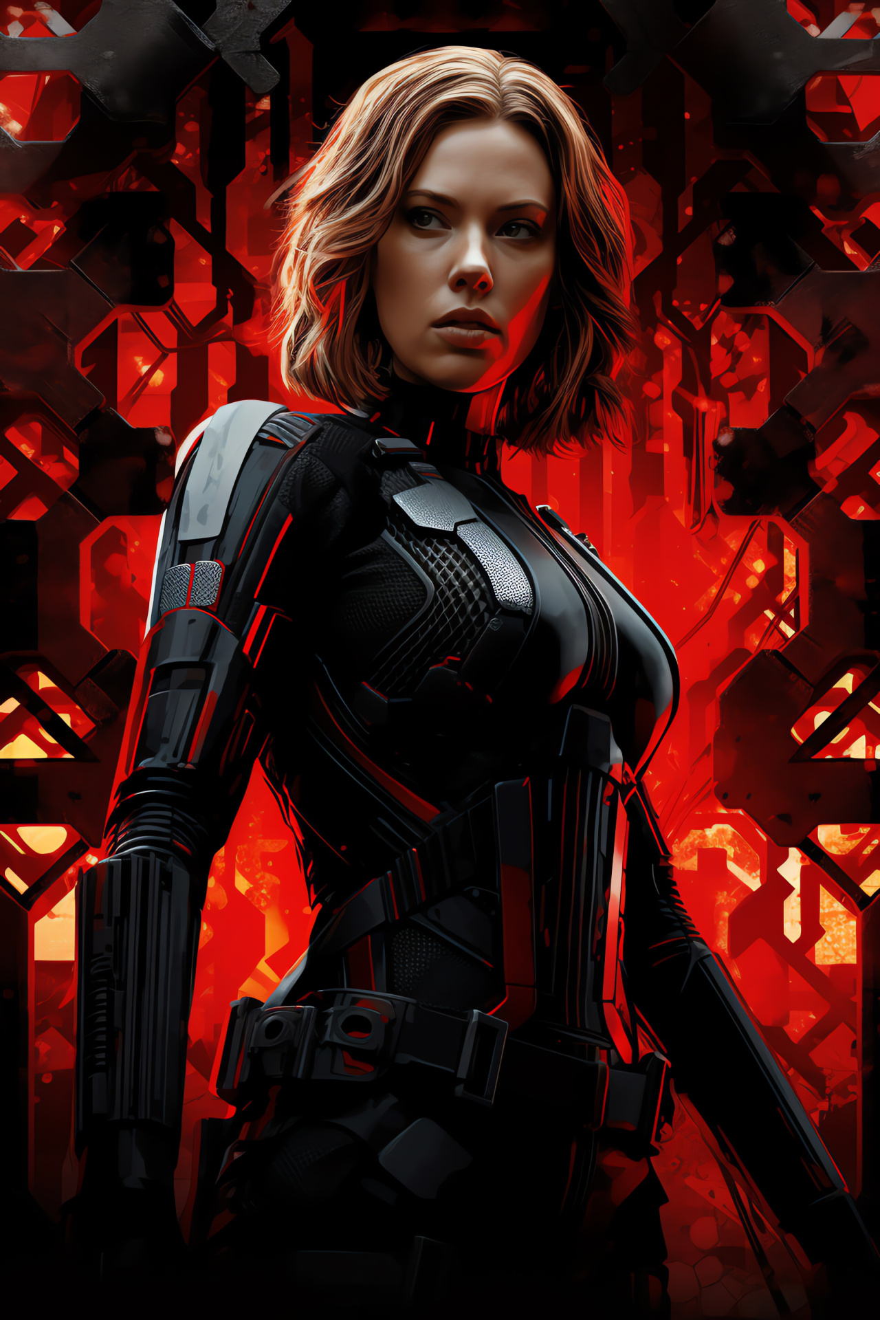 Scarlett Johansson Black Widow, Dynamic action hero, Cinematic abstract design, Heroine in combat, Movie character portrayal, HD Phone Wallpaper