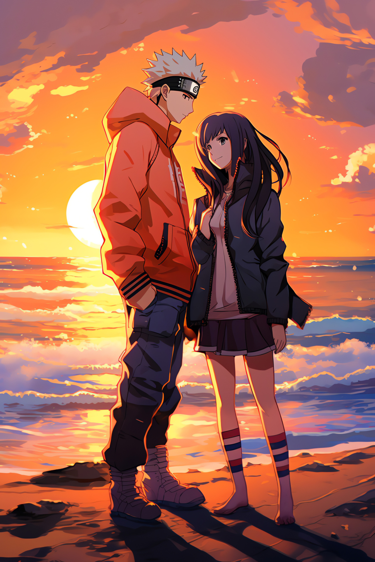 Naruto Uzumaki, Hinata Hyuga, romantic scene, sunset backdrop, iconic attire, HD Phone Wallpaper