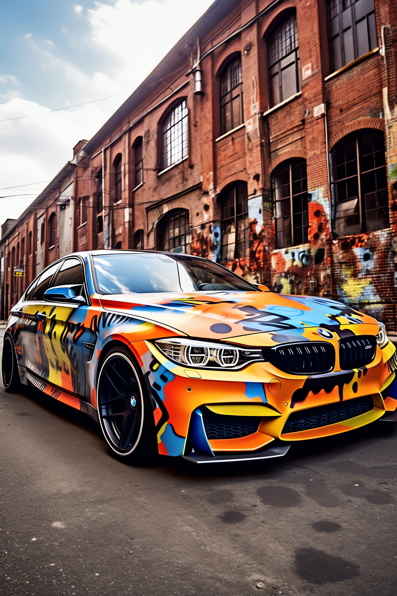 BMW M5 customization, Berlin backdrop, Architectural modernity, Colourful urban art, Wide framing, HD Phone Image