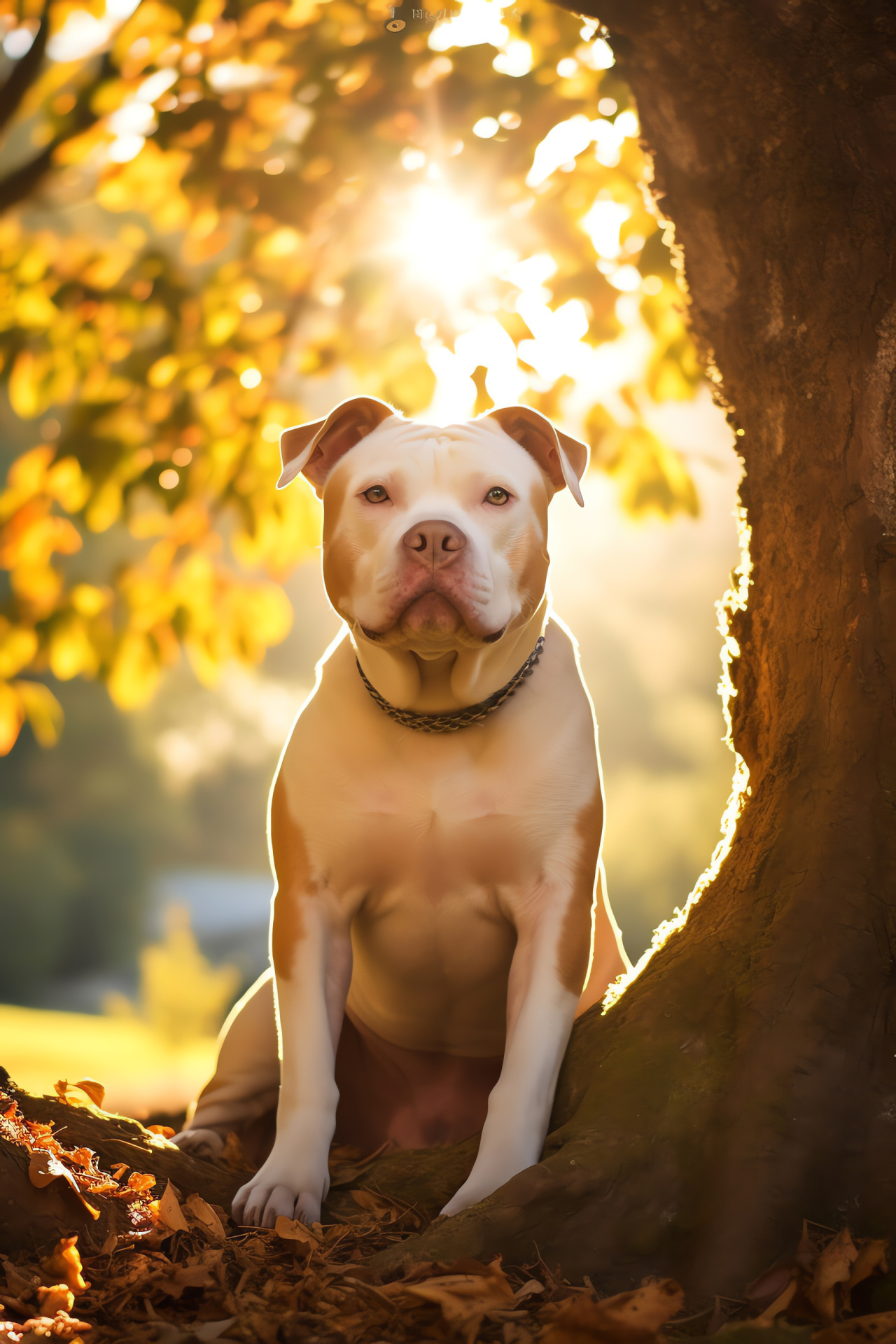 Pitbull dog outdoors, country living, tree-lined rural landscape, domesticated animal, serene canine, HD Phone Wallpaper