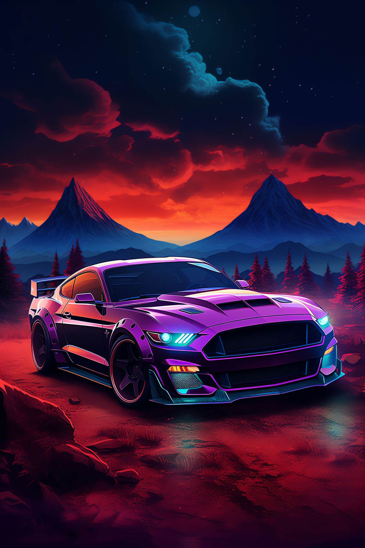 Ford Mustang GT350, Science fiction landscape, Neon-lit terrain, Futuristic automobile depiction, Nighttime racing scene, HD Phone Wallpaper