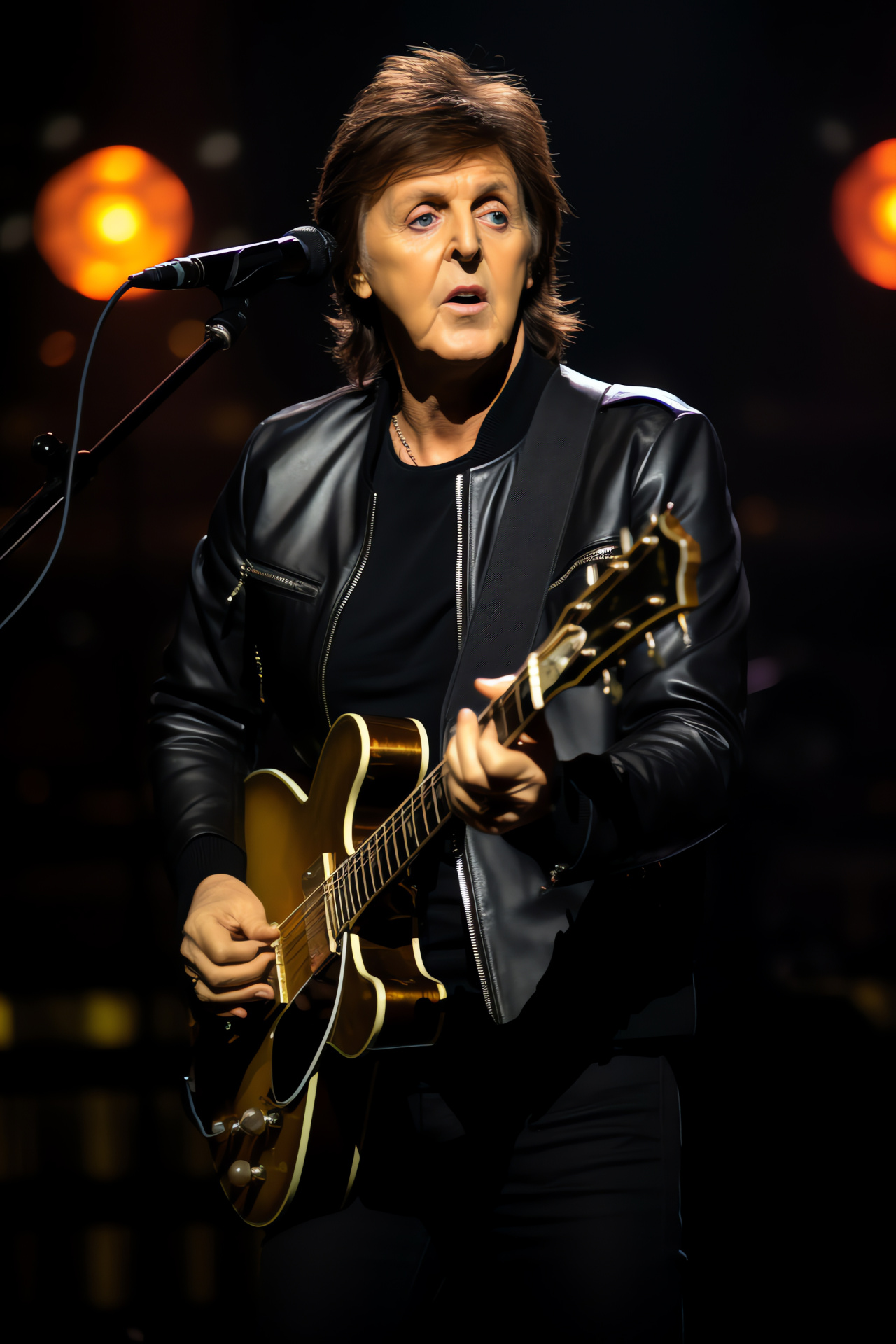 Paul McCartney live stage, Rockstar leather outfit, Casual performance wear, Music icon microphone, Concert scene, HD Phone Image
