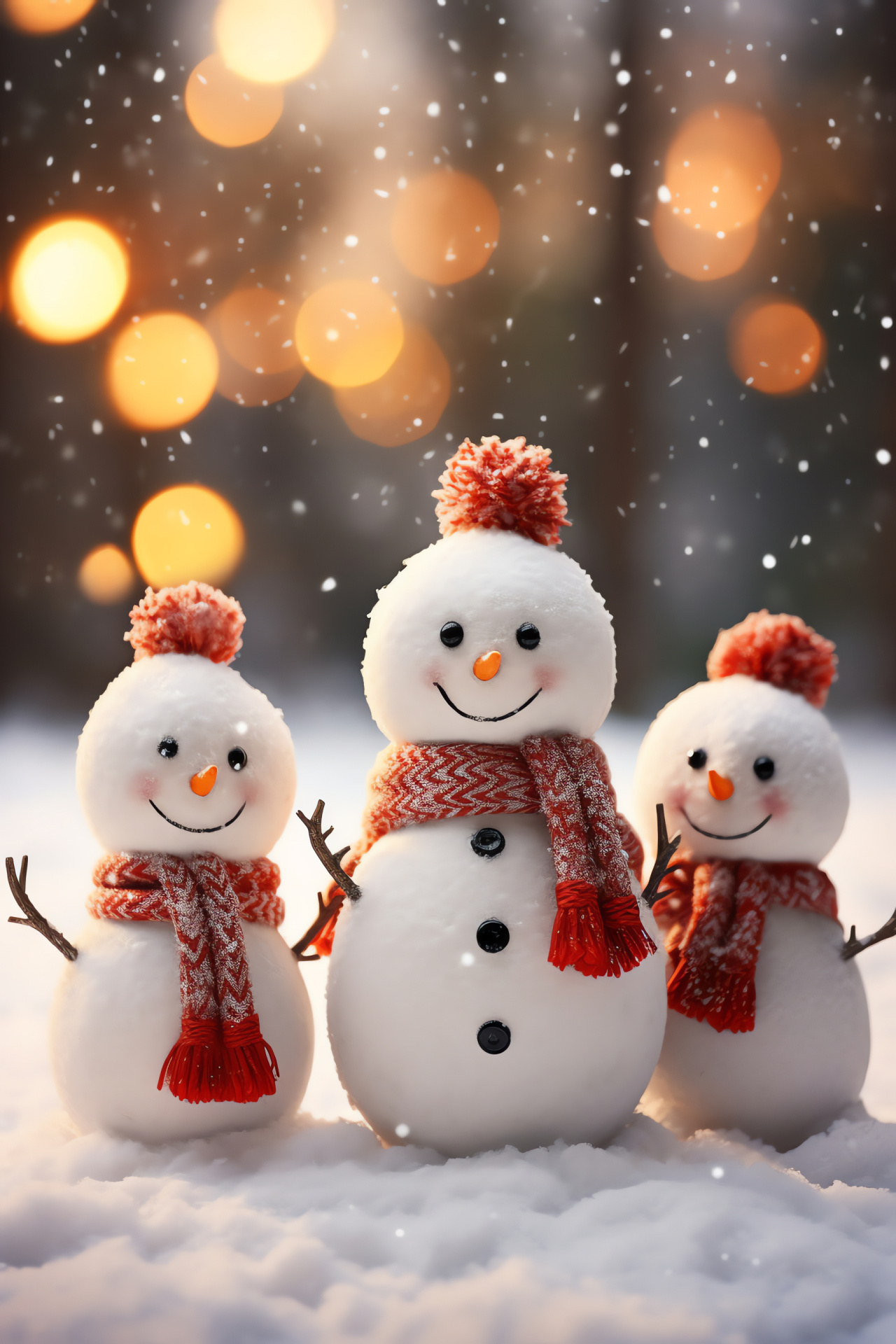 Festive snow figures, knitted headwear, cold season accessories, snowy landscape, Yuletide cheer, HD Phone Wallpaper