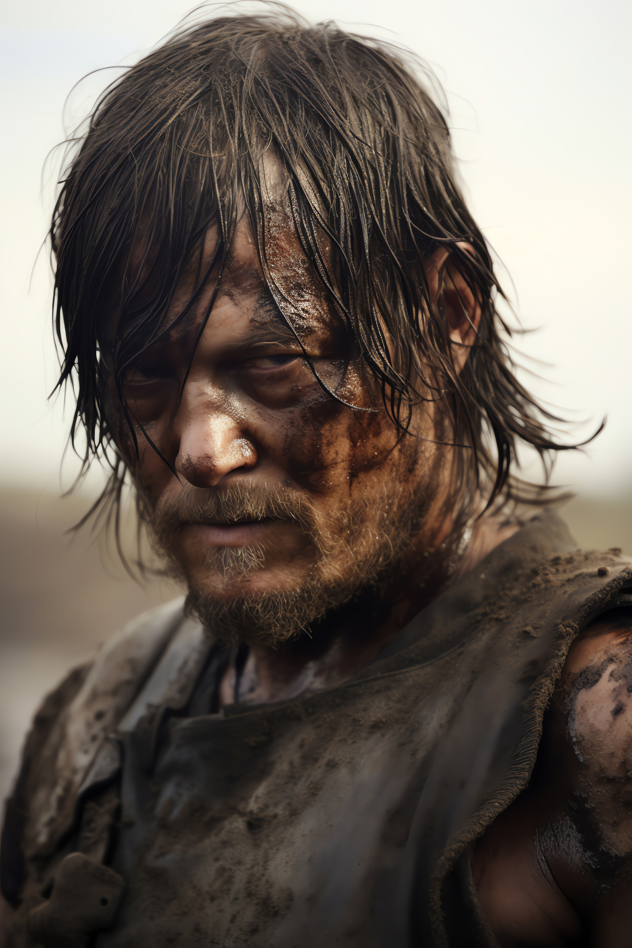 Post-apocalypse representation, Movie actor Norman Reedus, War-torn camouflage, Intense role, Barren set landscape, HD Phone Wallpaper