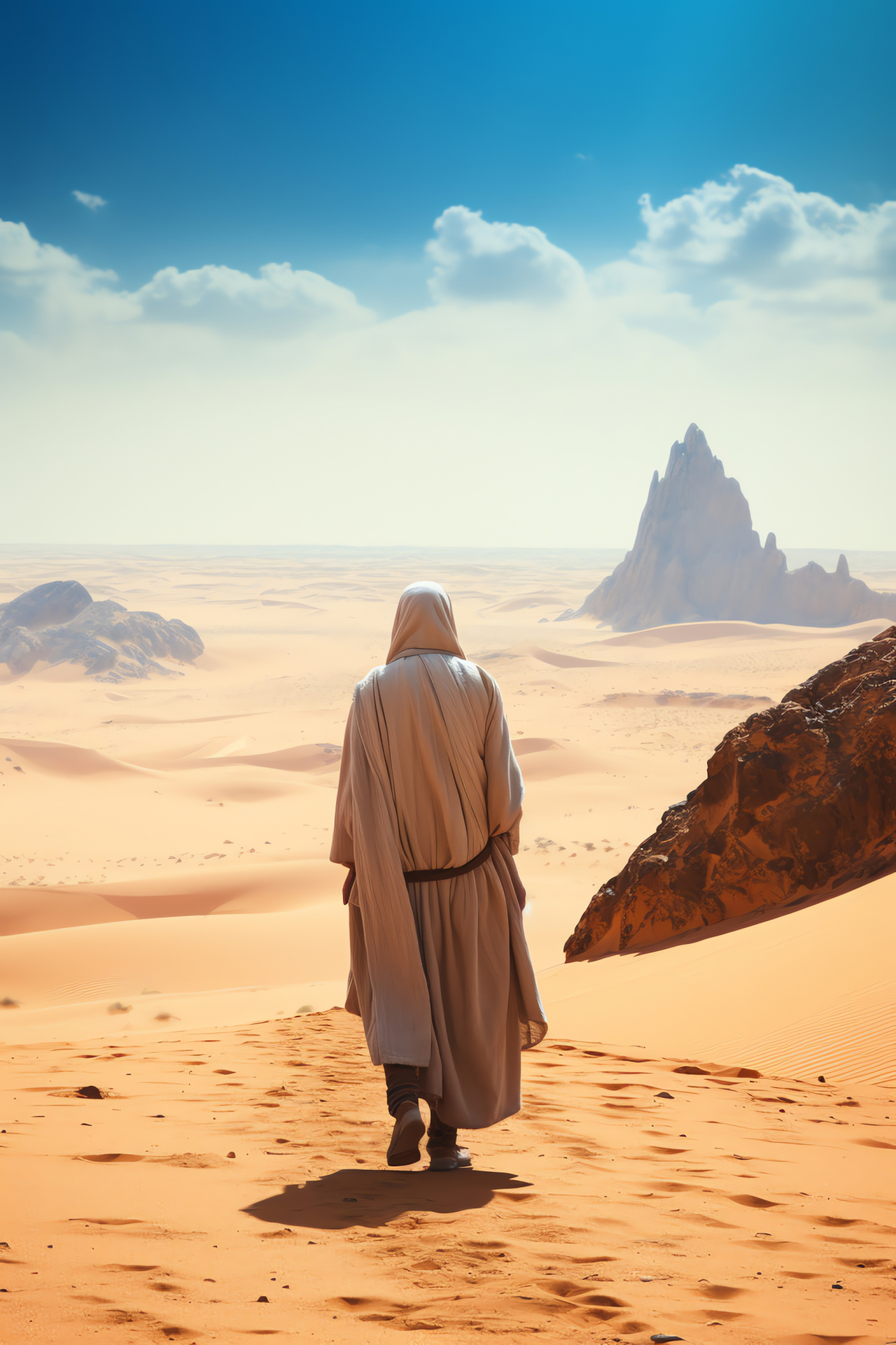 Obi Wan on Tatooine, Desolate desert set, Binary sunset, Arid planet terrain, Star Wars universe, HD Phone Image