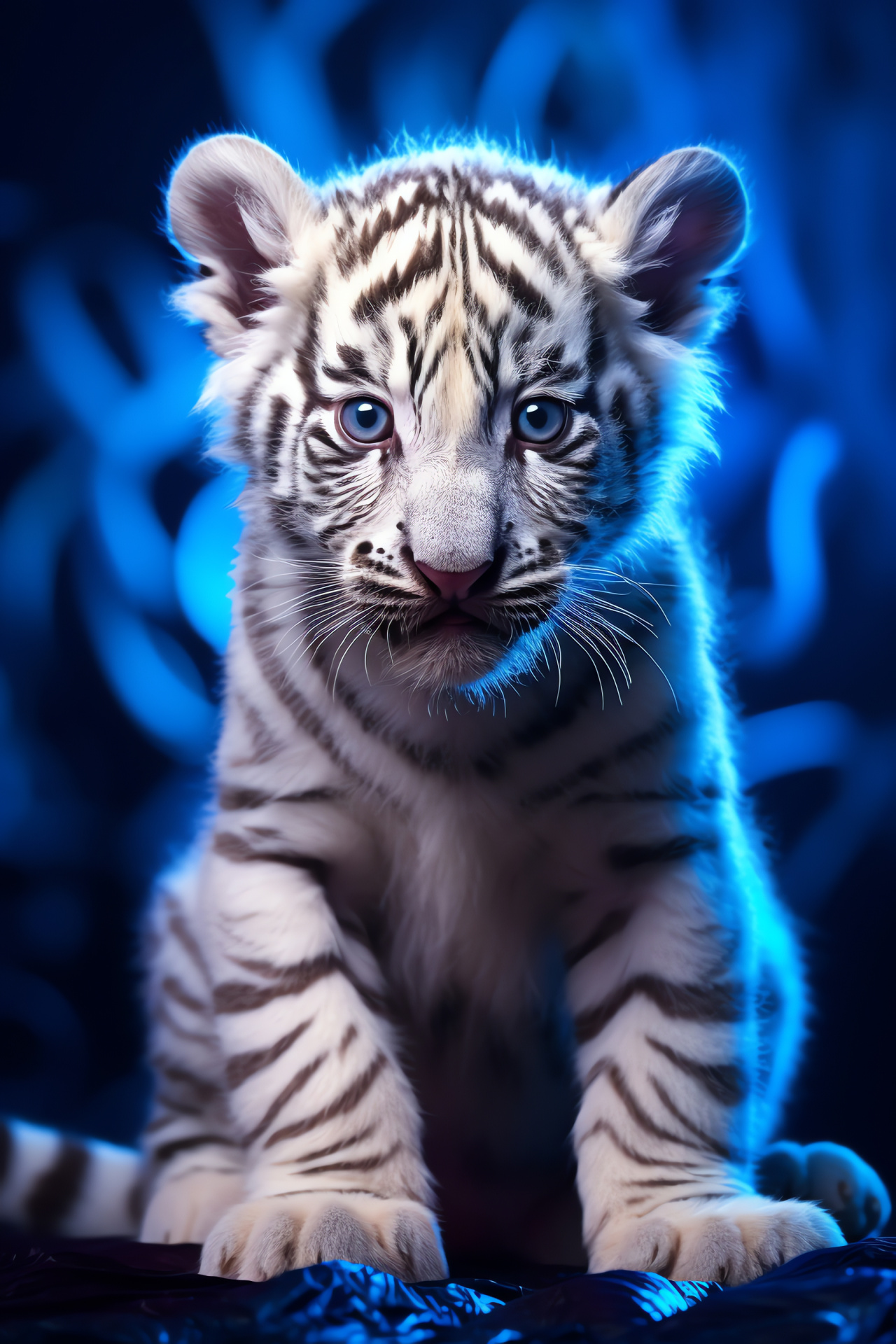 Juvenile Striped Feline, Bold Stance, Icy Oculars, Inked Patterning, Luminescent Lines, HD Phone Image