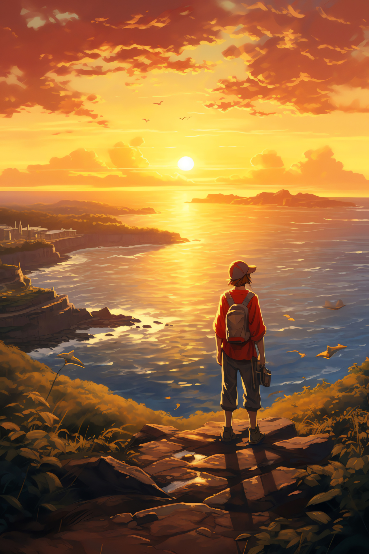Red's Pokemon journey, Vermilion City port, Signature Pikachu, Trainer rivalry, Challenger Gary Oak, HD Phone Wallpaper