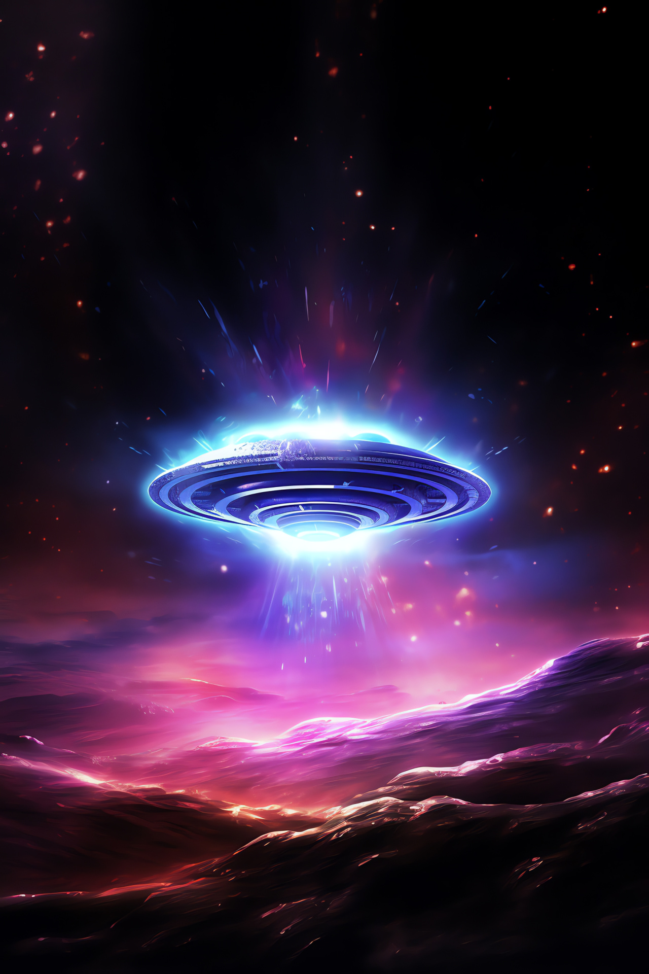 UFO traversing vortex, mysterious spacecraft, extraterrestrial glyphs, cosmic illumination, interstellar enigma, HD Phone Image