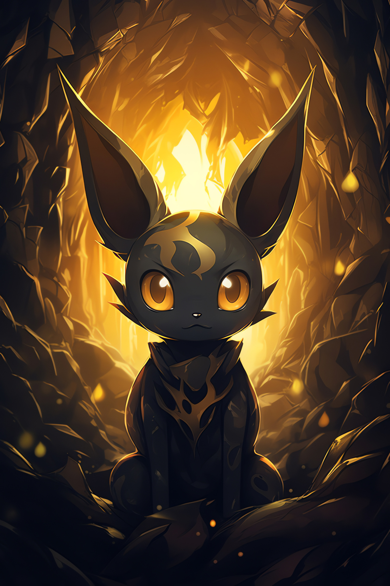 Umbreon, Pokemon franchise, Hidden cave milieu, Gilded fur detail, Primordial stone backdrop, HD Phone Image