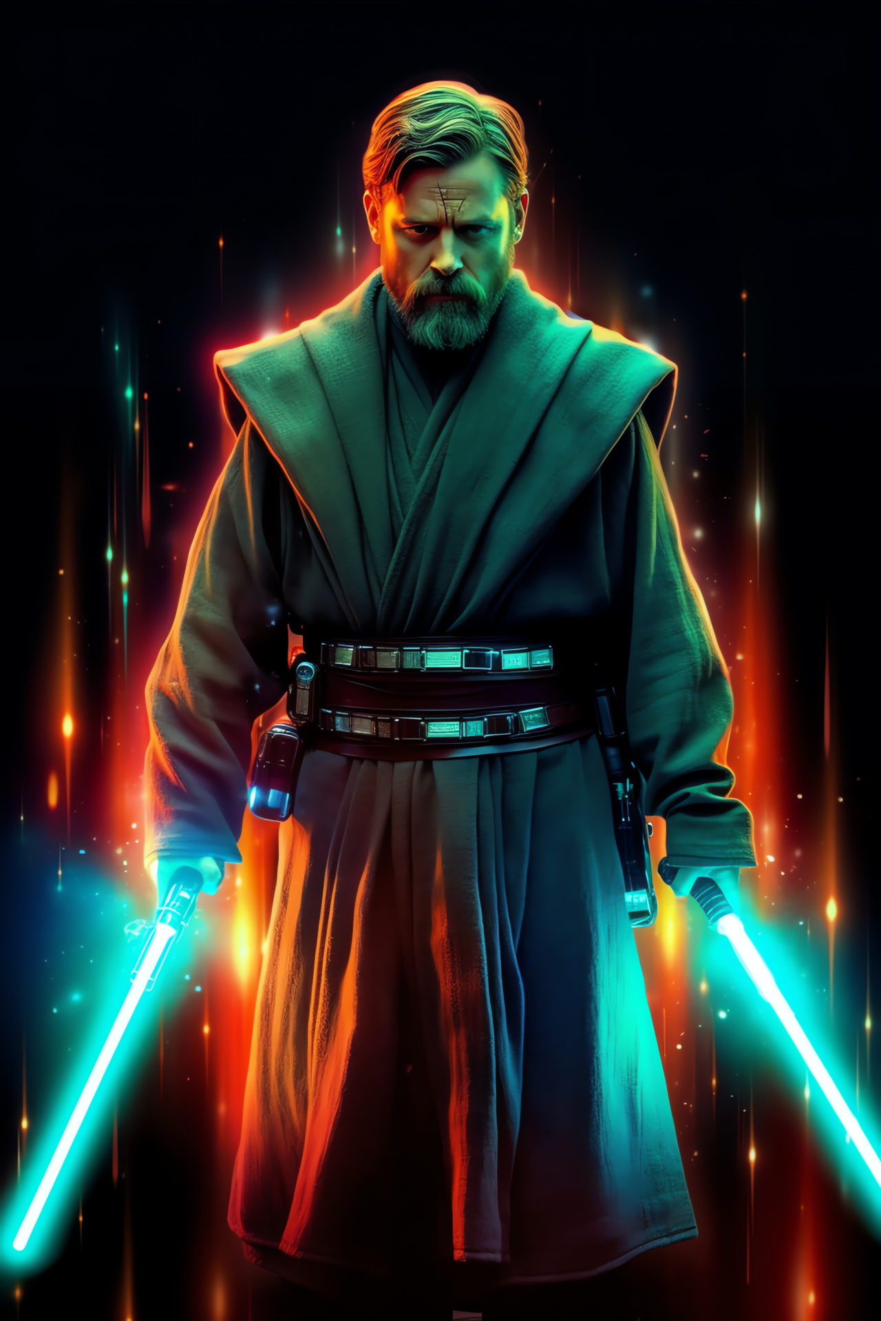 Jedi warrior Obi Wan Kenobi, Force-powered saber, Futuristic sartorial choice, Luminous aesthetic, Sci-fi movie, HD Phone Image