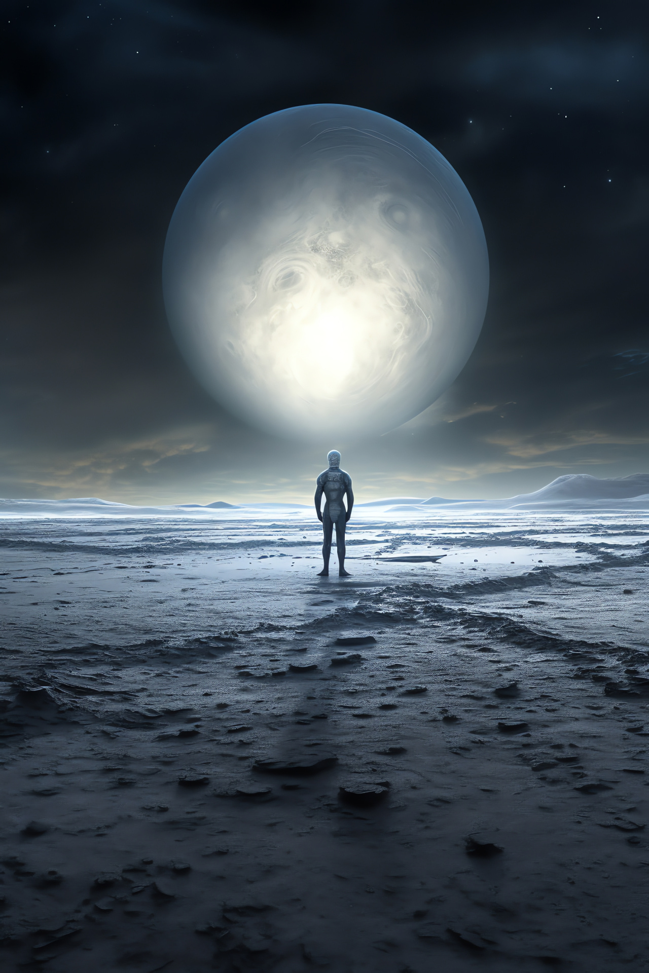 Lunar isolation, Space entity loneliness, Moon exploration solitude, Extraterrestrial silver reflections, Moon's desolate landscape, HD Phone Wallpaper