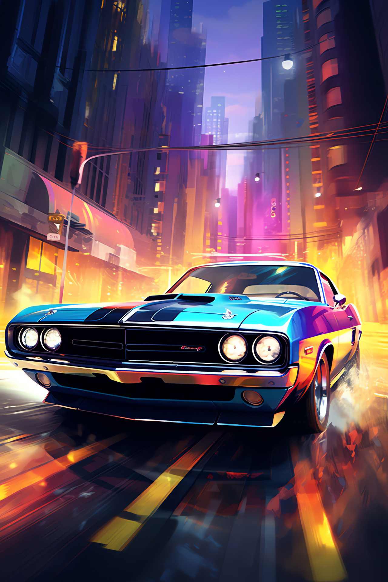 City muscle cars, Towering urban structures, Bustling street scene, Neon city luminance, Vehicular vibrancy, HD Phone Image