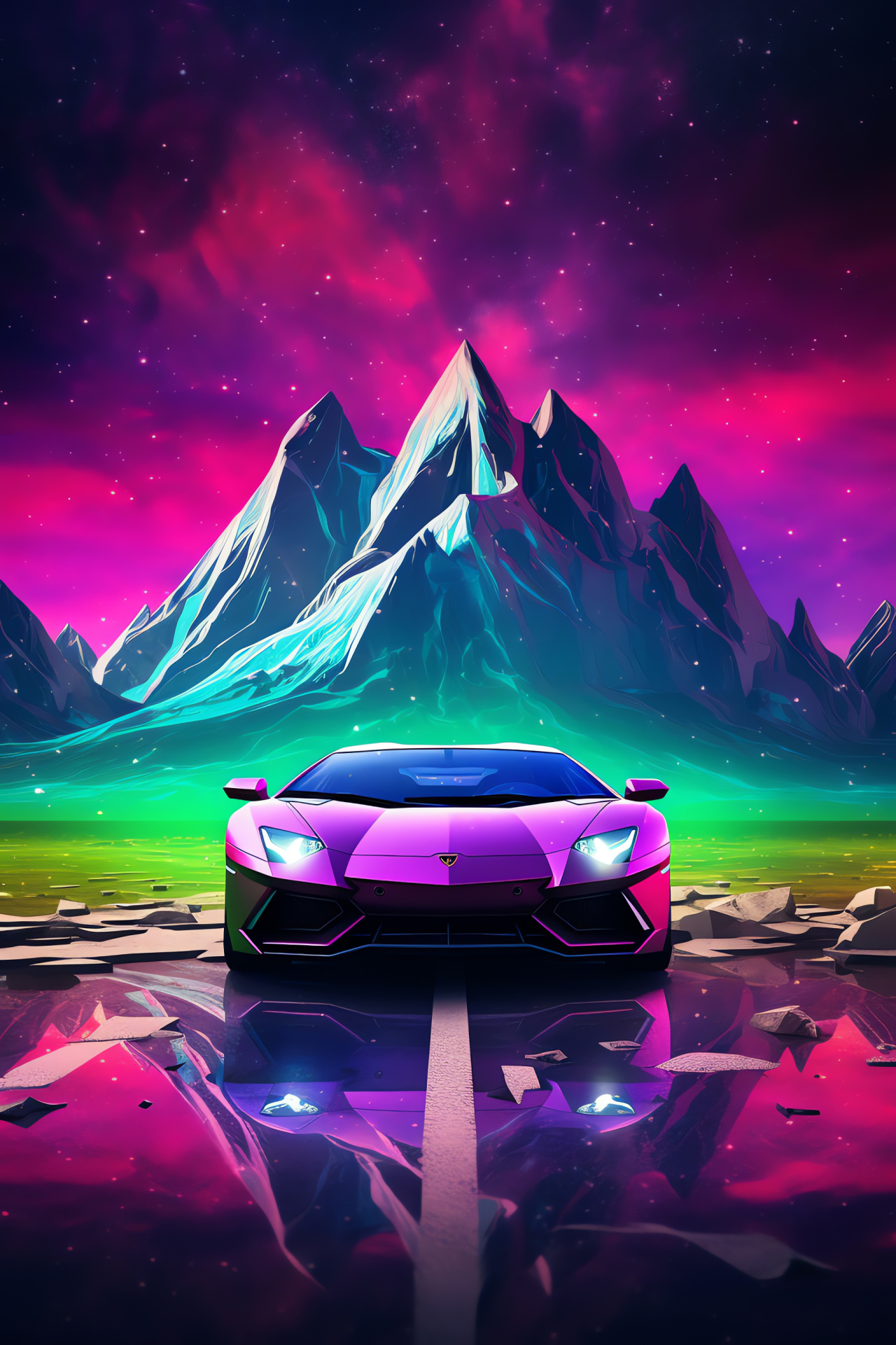 Lamborghini supercar, Aerial perspective, Dreamlike setting, Illuminated design elements, Futuristic vibe, HD Phone Wallpaper
