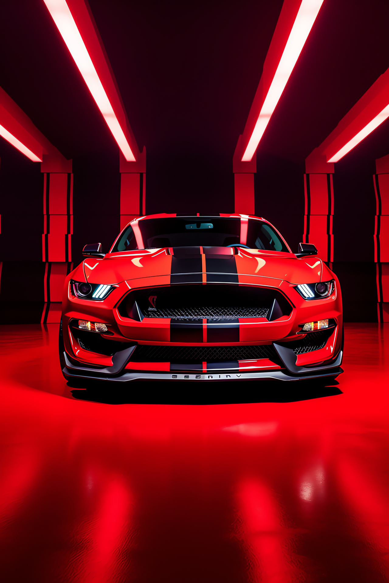 Mustang GT350, Dominant red background, Broad perspective, Striking coloration, Automotive admiration, HD Phone Image