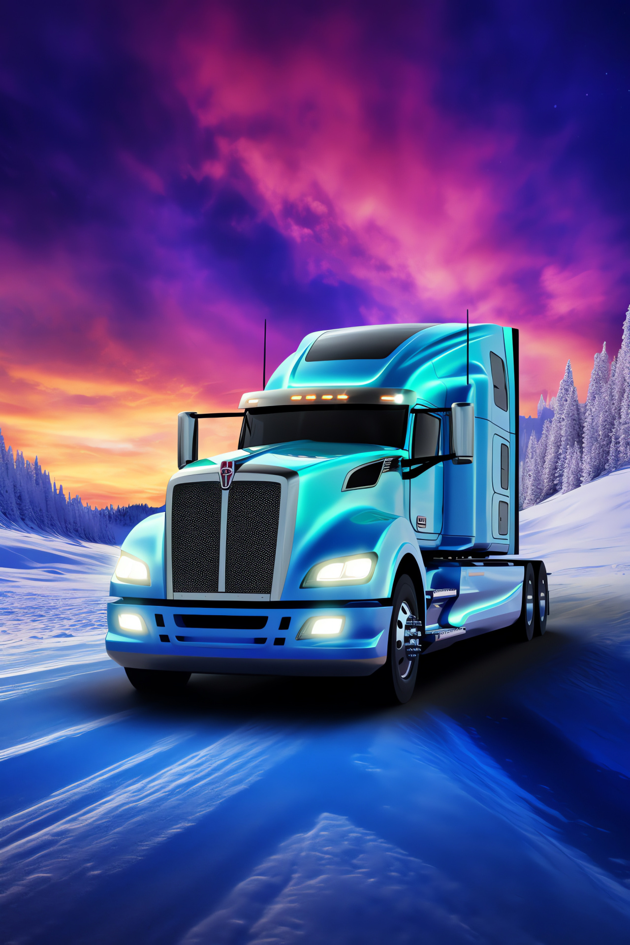 Kenworth T680 Semi Truck, Aerial view, Triple-colored auroras, White and blue paint, Nighttime trucking, HD Phone Wallpaper