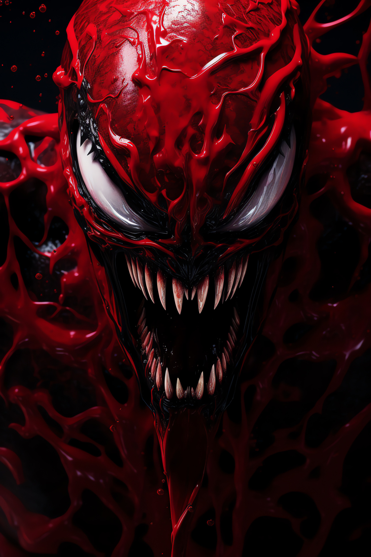 Venom antagonist, crimson setting, gleaming oculars, fanged smile, intimidating appearance, HD Phone Image