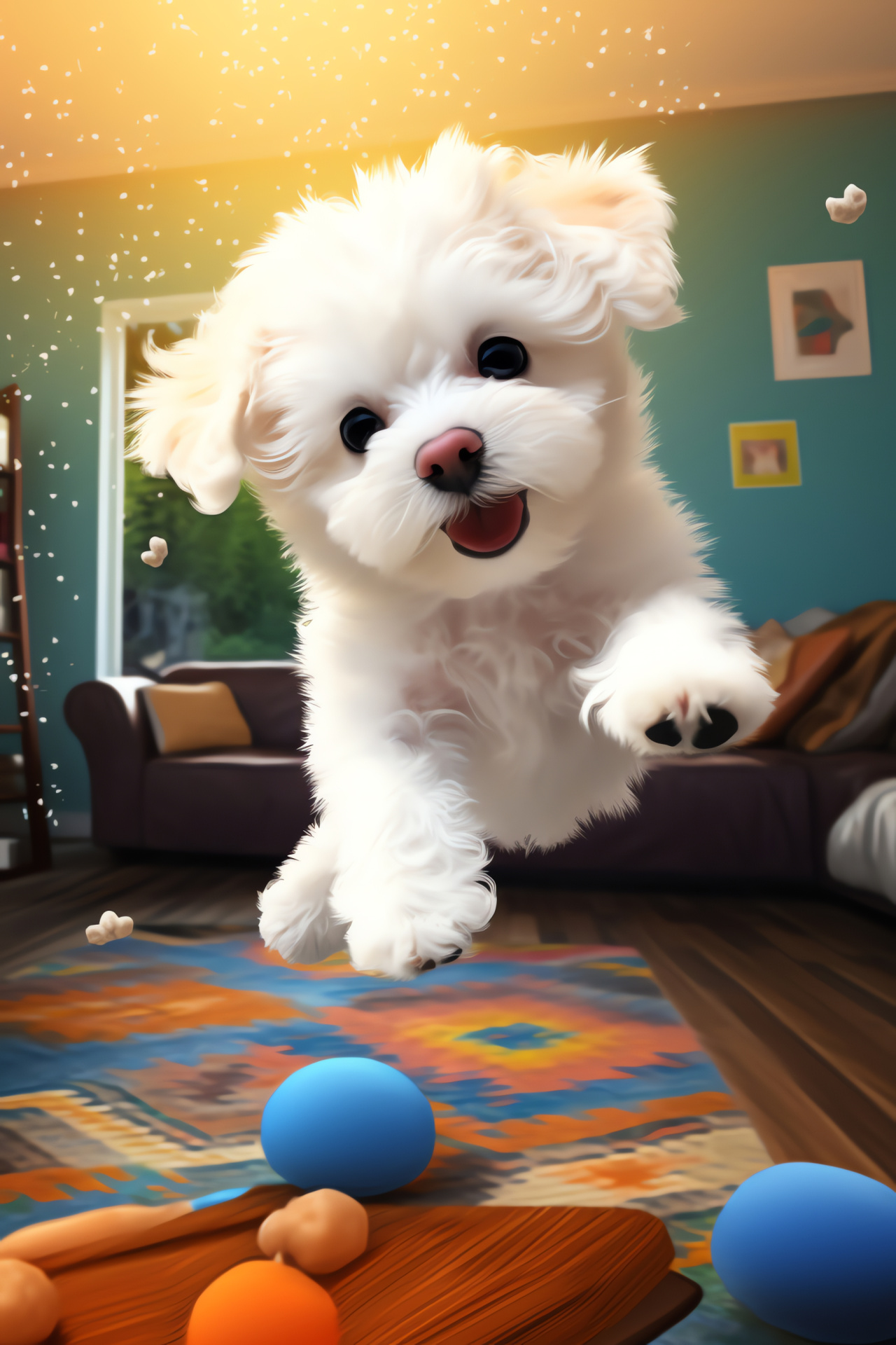 Bichon Frise puppy, onyx eyes, curled white coat, plush toy companion, domestic atmosphere, HD Phone Wallpaper