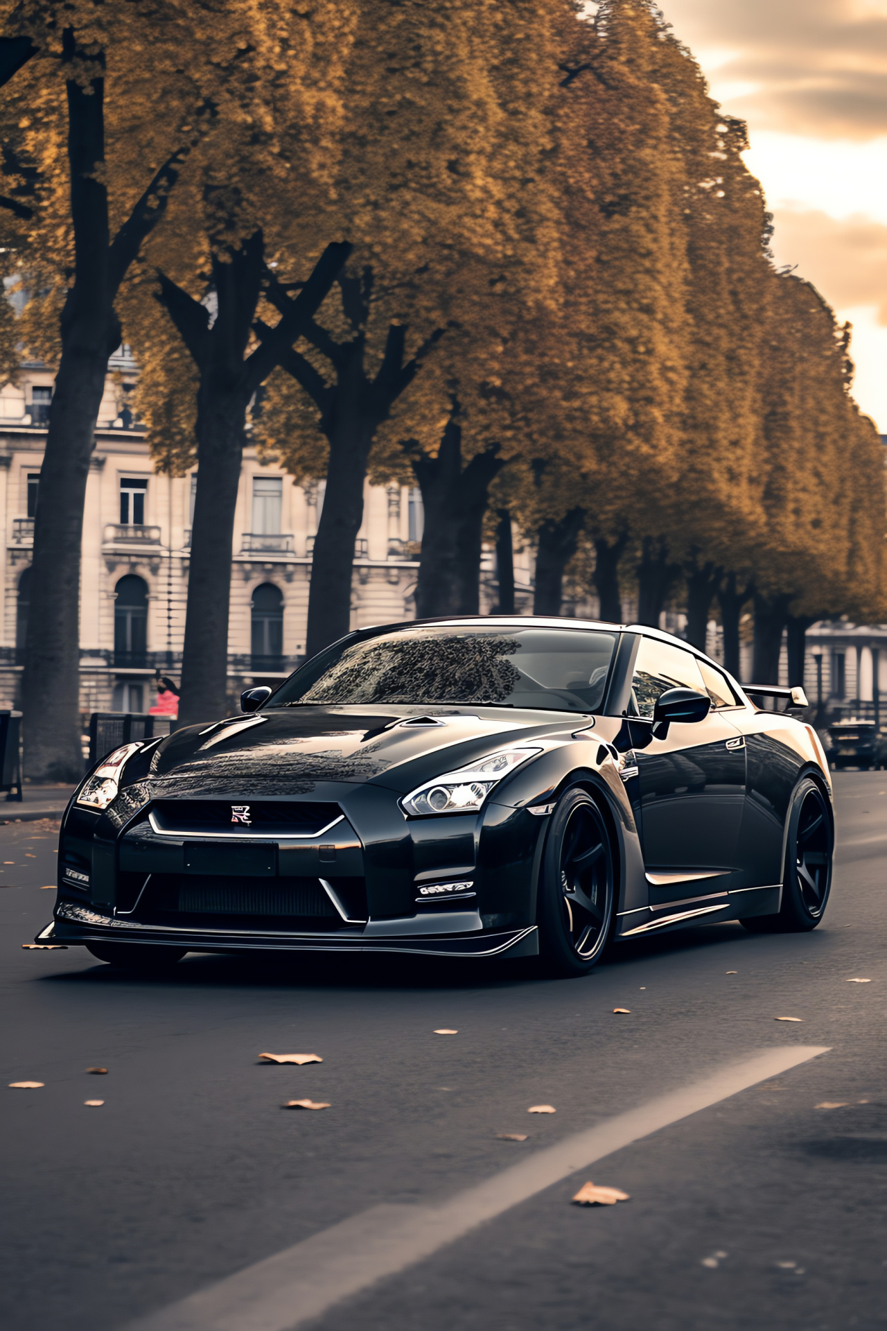 Nissan GTR R35 Black Edition, Paris streets, High-gloss paint, Performance vehicle, French elegance, HD Phone Wallpaper