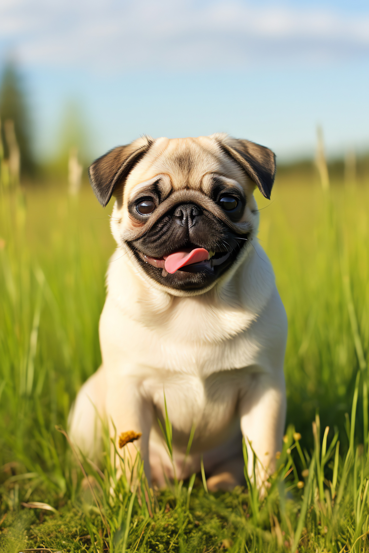 Cream and white pug, Fluffy canine fur, Puppy curiosity, Youthful pet, Verdant backyard, HD Phone Wallpaper