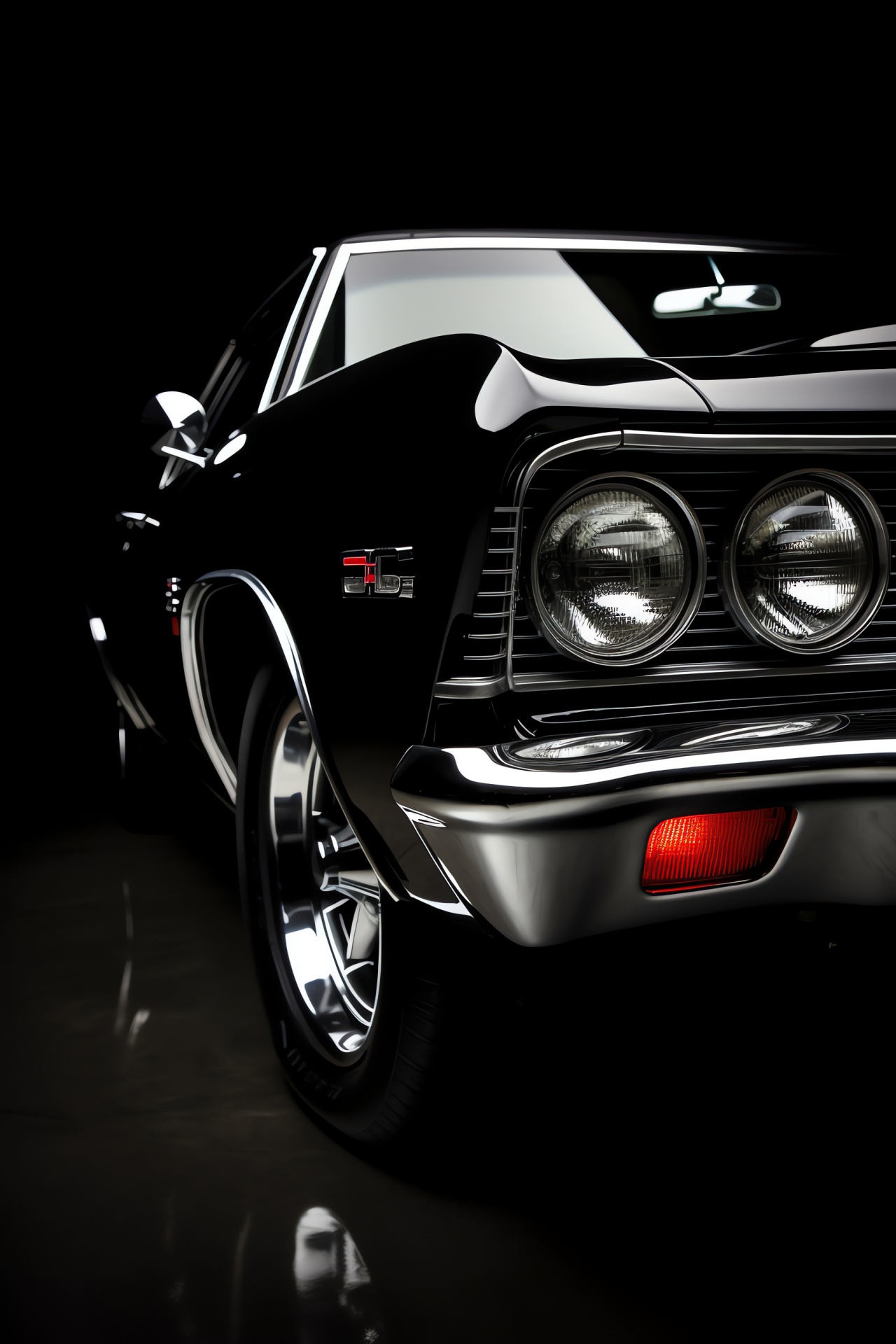 Muscle car silhouette, auto garage ambiance, polished vehicle finish, chrome accents, automotive styling, HD Phone Wallpaper