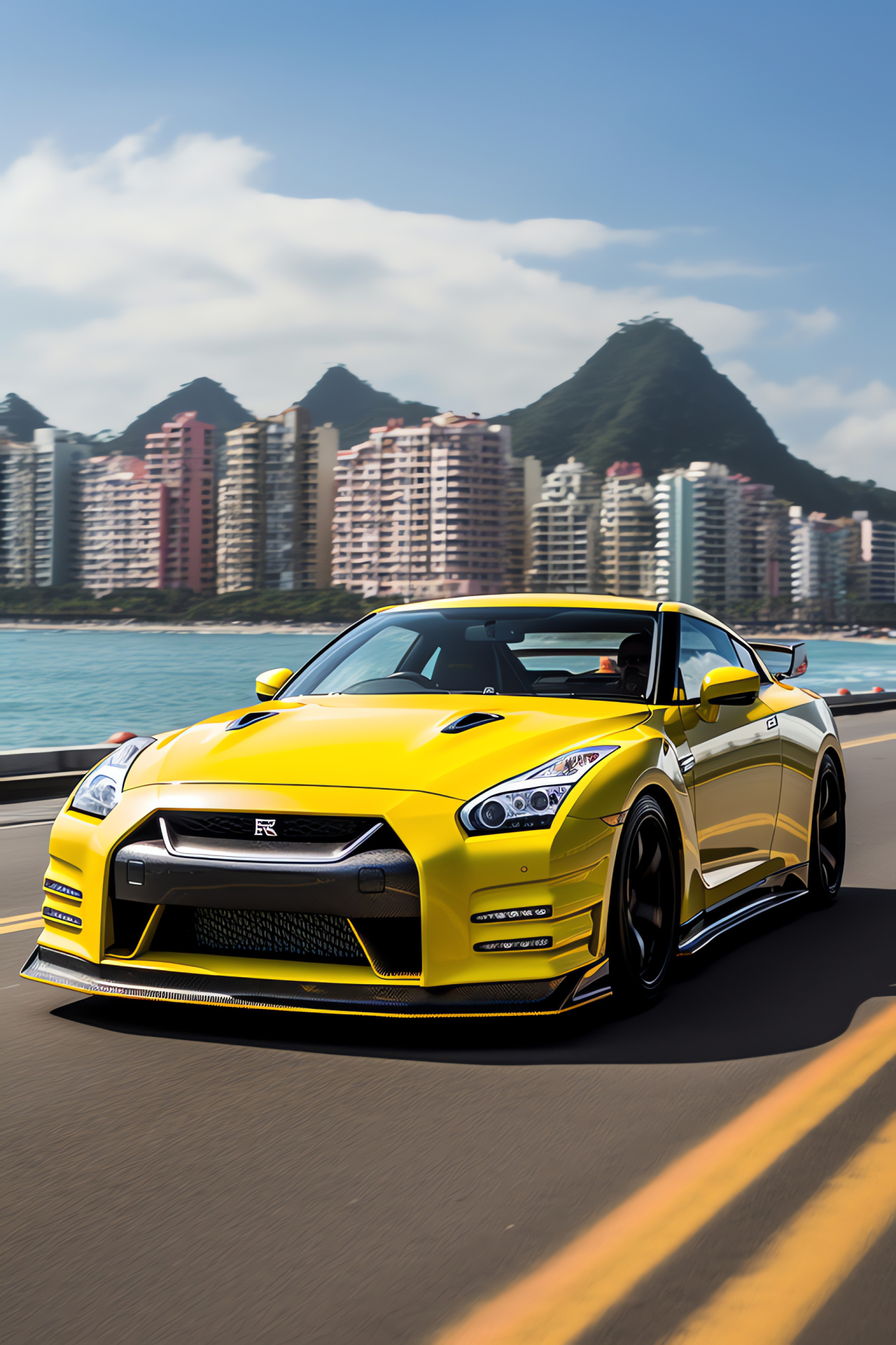 Nissan GTR Nismo, Rio de Janeiro's vibrancy, contrasting livery, beachfront allure, seaside appeal, HD Phone Image