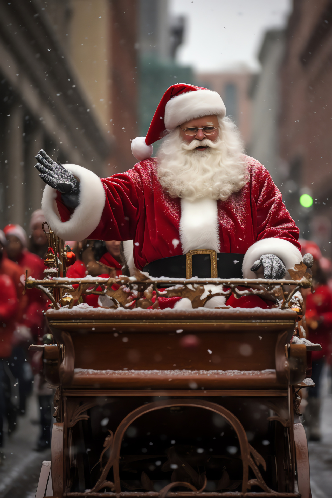 Santa winter expedition, City below holiday pomp, Frost crystal swirl, Municipal routes festooned, Jolly season journey, HD Phone Wallpaper
