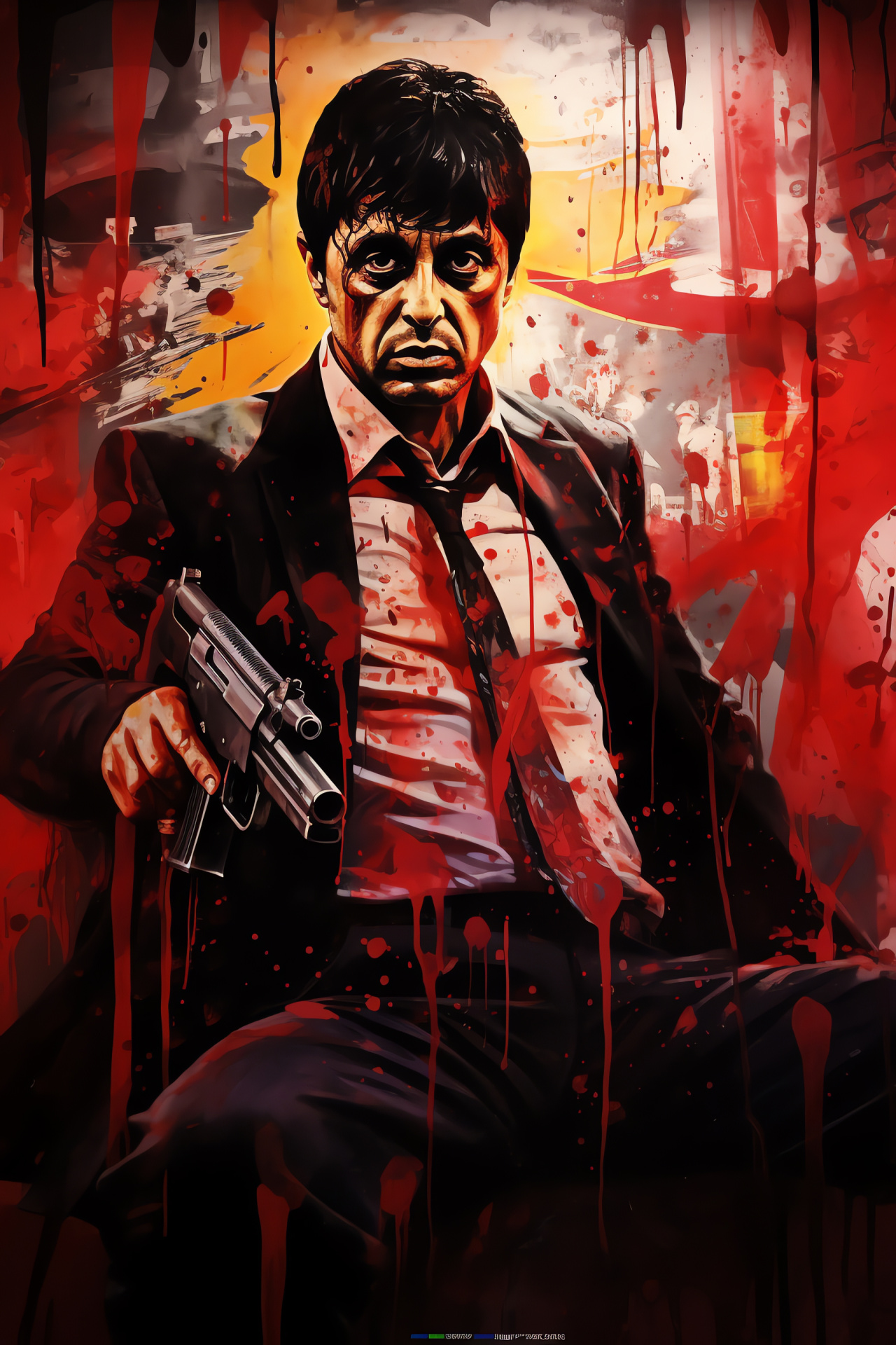 Scarface iconic mural, notorious Tony Montana, performer Al Pacino, urban skyline, cinematic climax, HD Phone Wallpaper