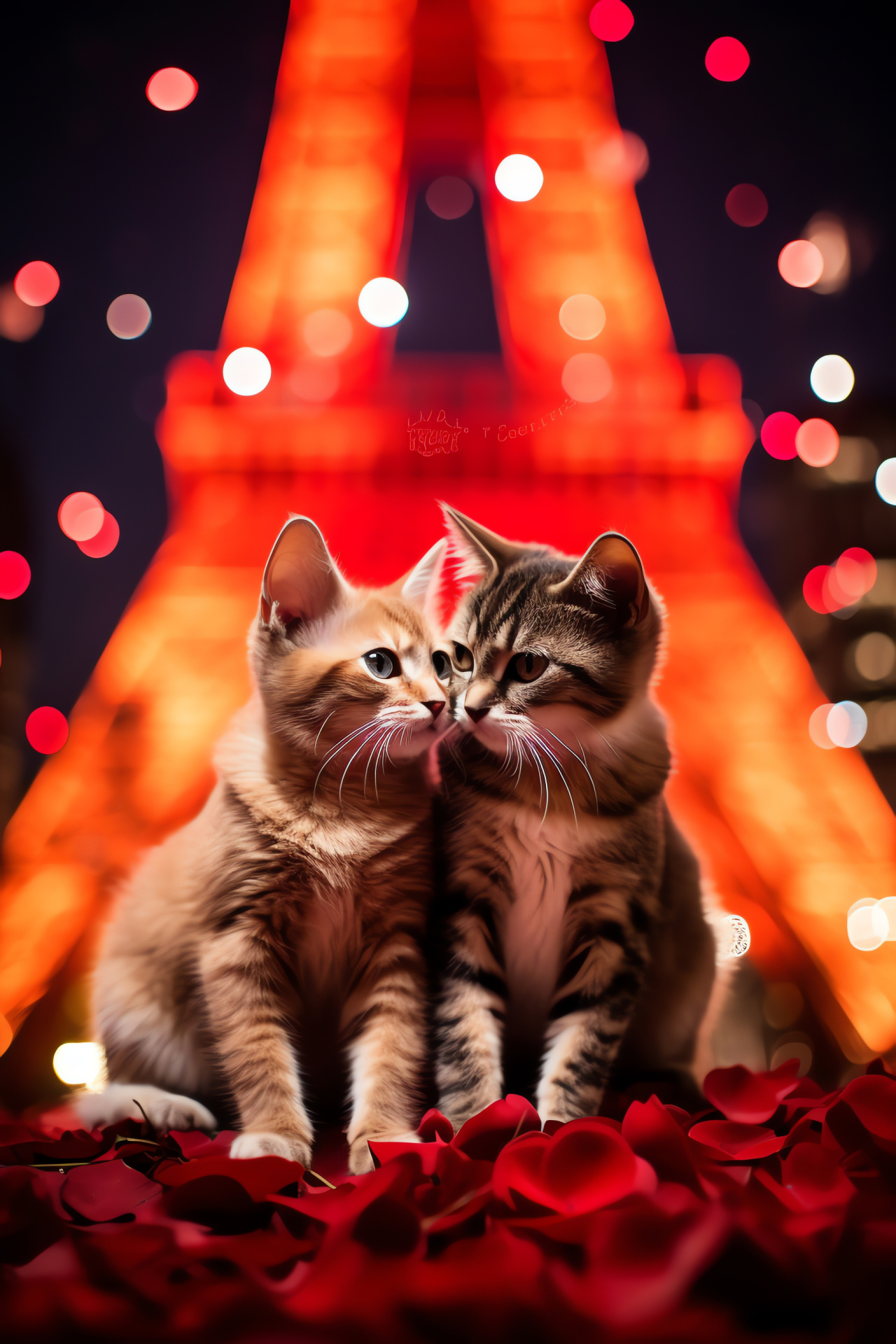 Parisian kitten duo, Landmarked tower, Amourous charm, Petite animal love, City glimmer, HD Phone Image