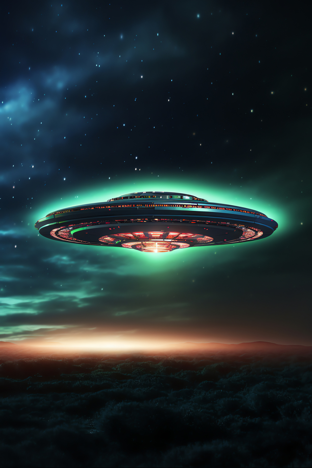 Alien vehicle, Metallic finish, Disk-shaped craft, Aerial suspension, Nocturnal heavens, HD Phone Wallpaper