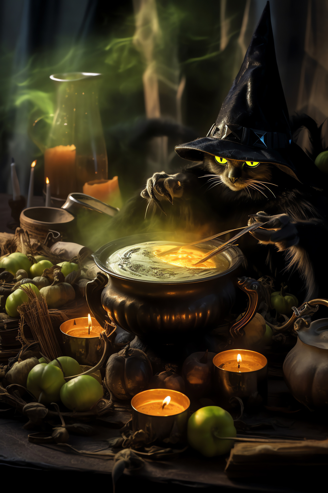 Halloween witch gathering, bubbling cauldron, mystical coven, eerie fire ambience, witchcraft flame, HD Phone Wallpaper