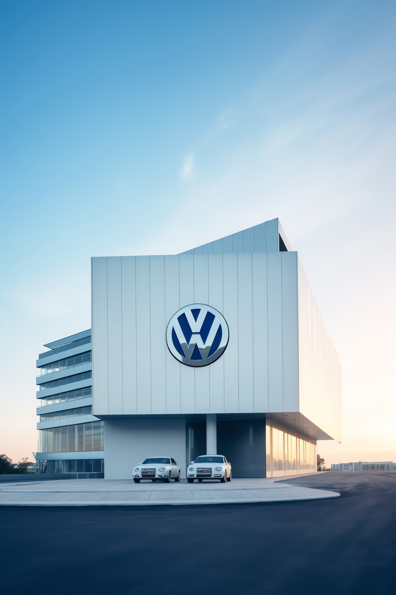 Volkswagen badge, Wolfsburg landmark, Autostadt view, Corporate architecture, German auto industry, HD Phone Wallpaper