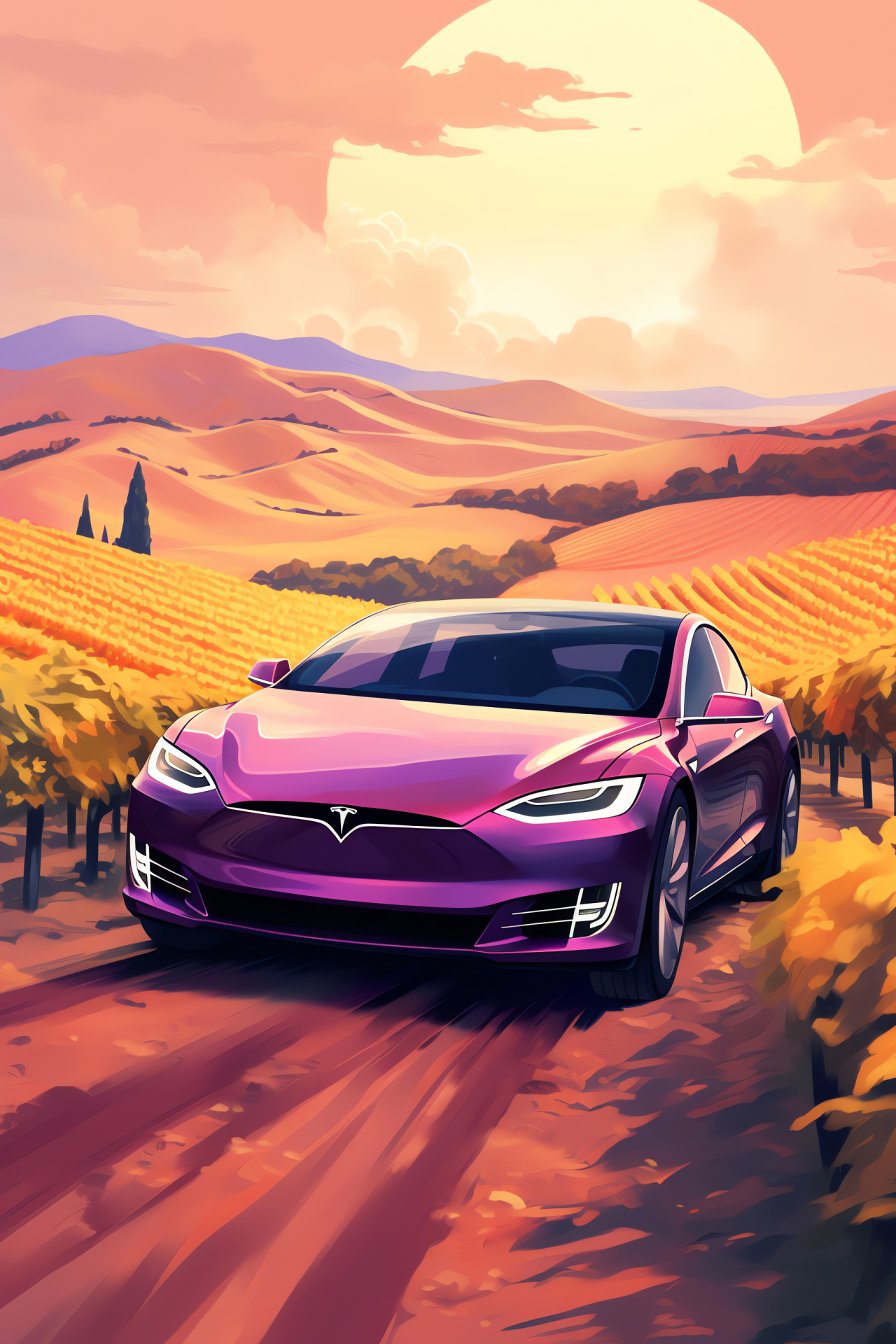 Tesla Model K, Napa Valley backdrop, Calm luxury transport, Lush grapevines, Intense grape hue, HD Phone Wallpaper