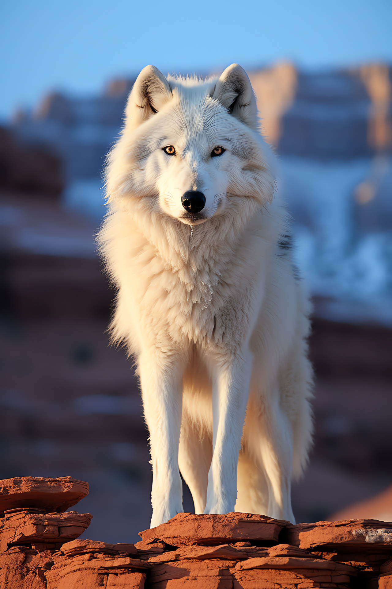 Nocturnal Wolf, crystalline eyes, dual-tone fur, silhouetted canyon, celestial orb, HD Phone Wallpaper