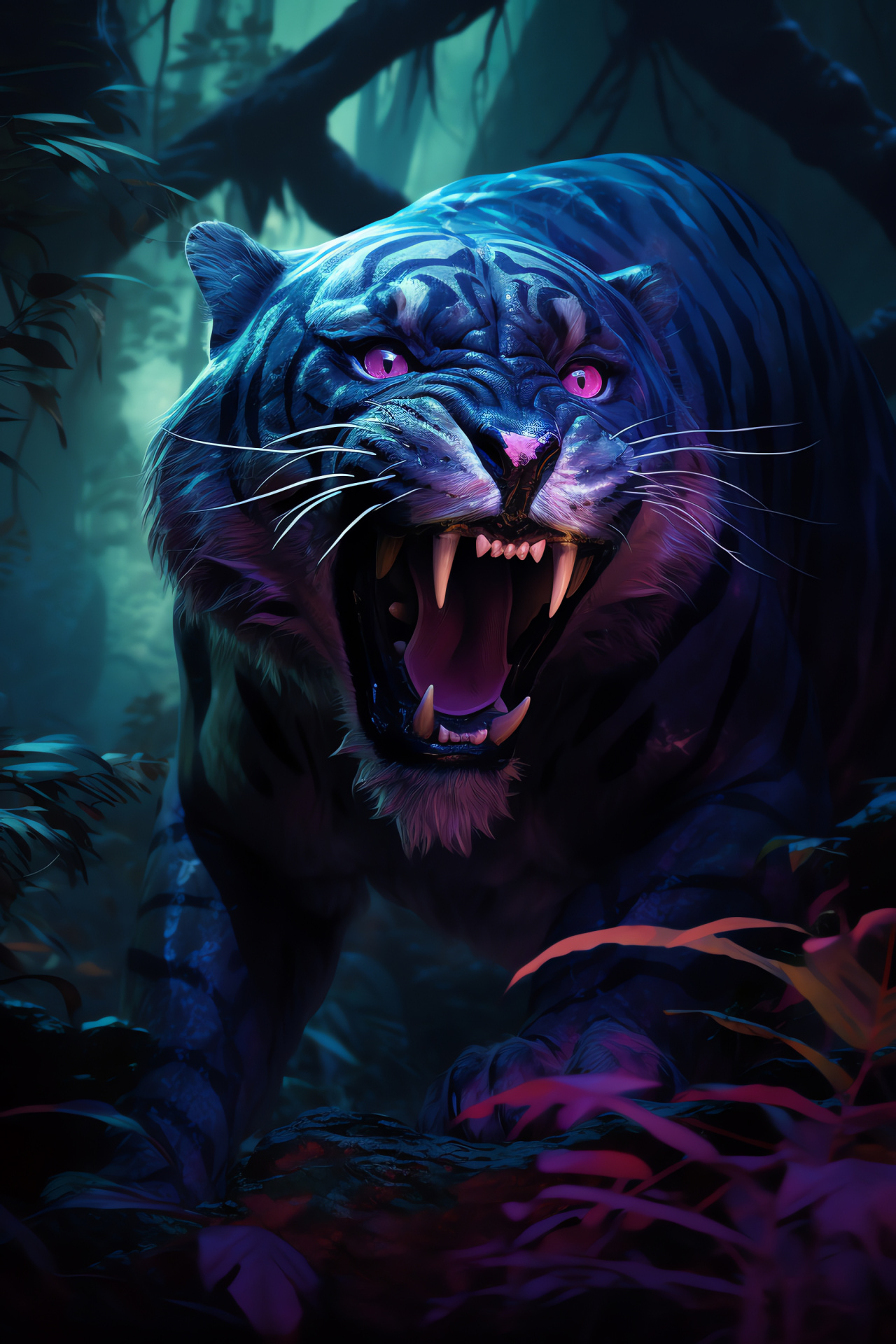 Saber Tooth Tiger, Prehistoric predator, Violet ocular feature, Purple nocturnal ambiance, Iridescent fur, HD Phone Wallpaper