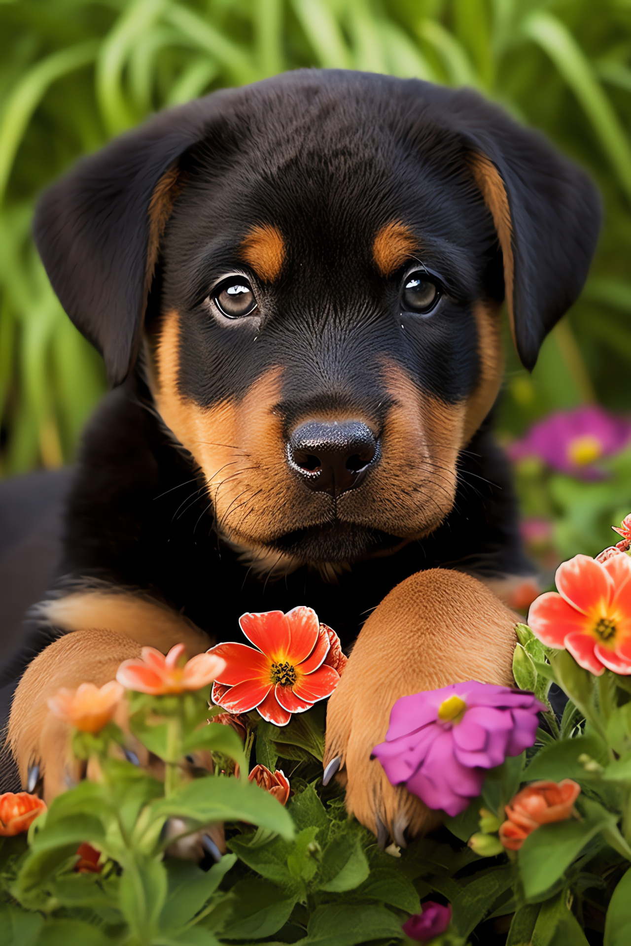 Curious Rottweiler pup, brown tan coat, Rottweiler short fur, pup inquisitive nature, vibrant flower setting, HD Phone Wallpaper