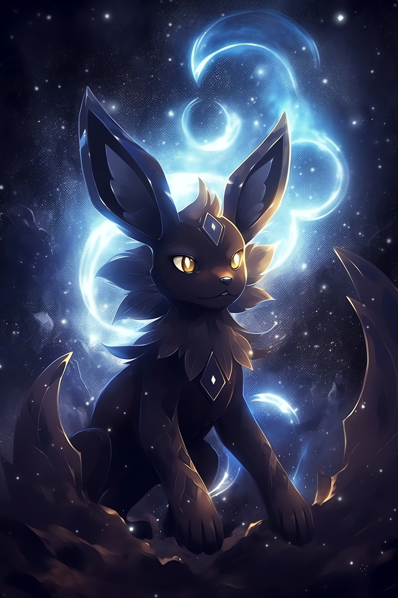 Umbreon in Pokemon lore, Celestial night canvas, Shadowy moveset, Aerial agility, Sidereal backdrop, HD Phone Image