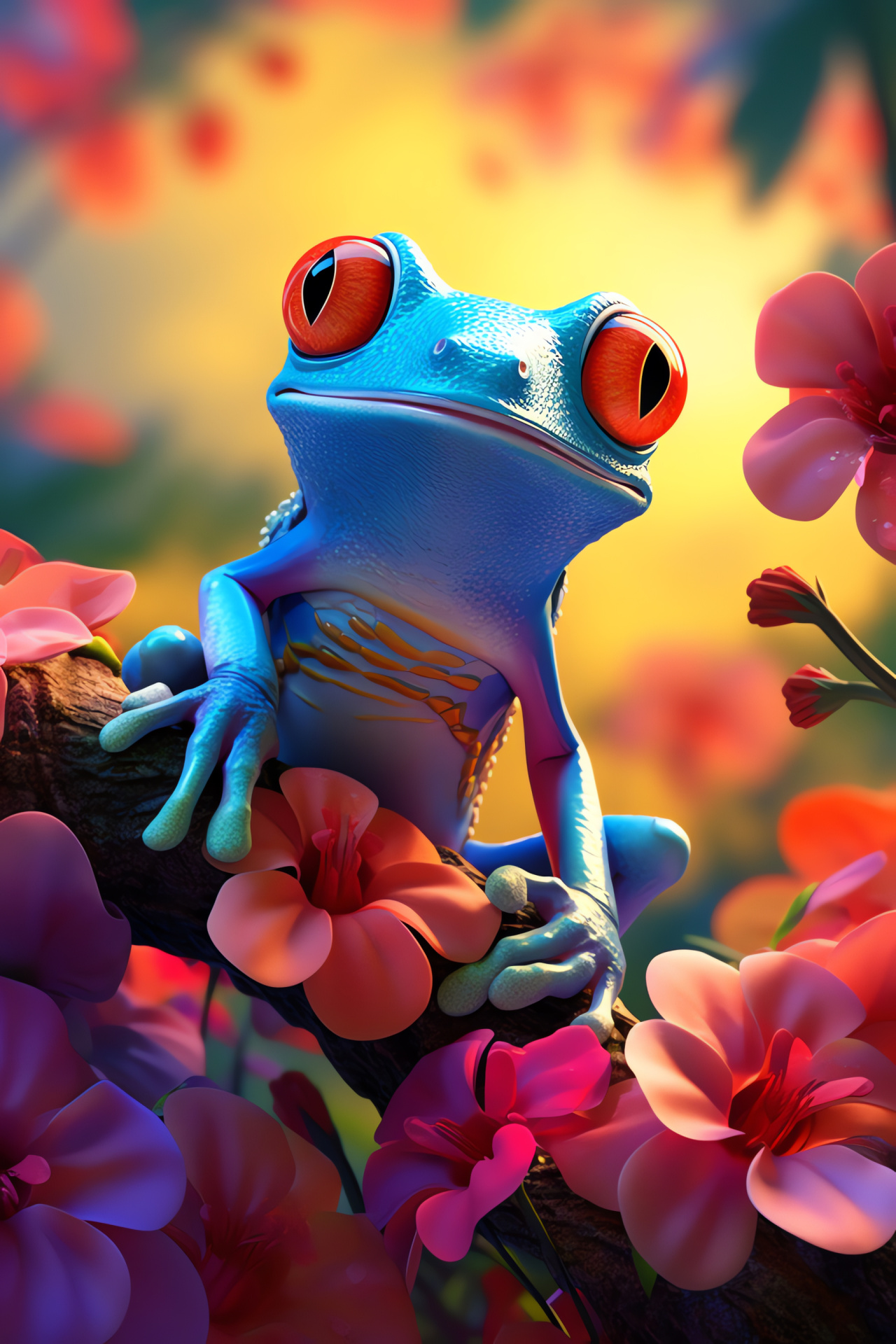 Arboreal amphibian, azure dermis, sanguine stare, tropical blossom, tactile skin, HD Phone Wallpaper