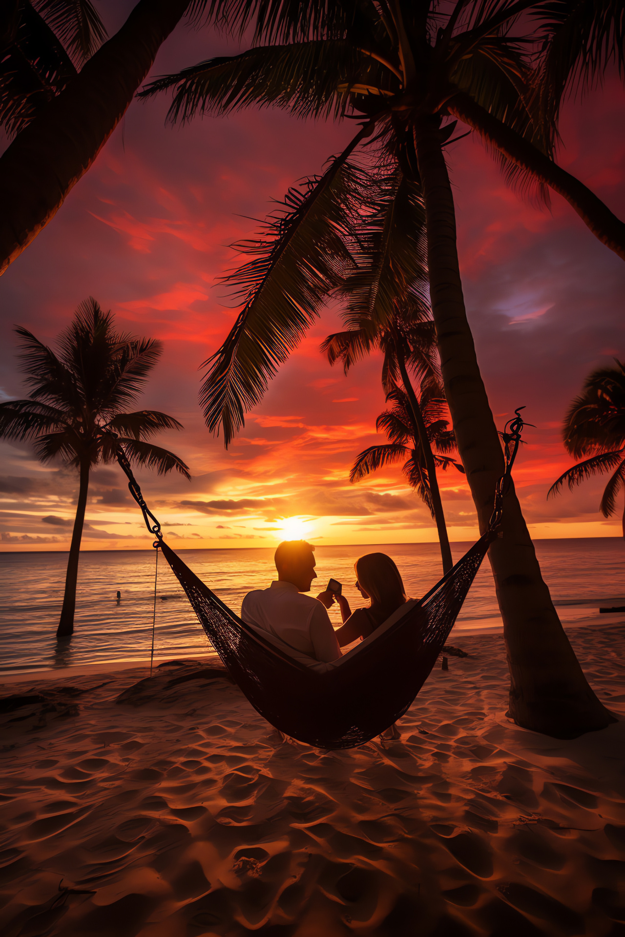 Holiday escape, exotic locale, duo relaxation, cocoon swinging, fronds roofing, HD Phone Image