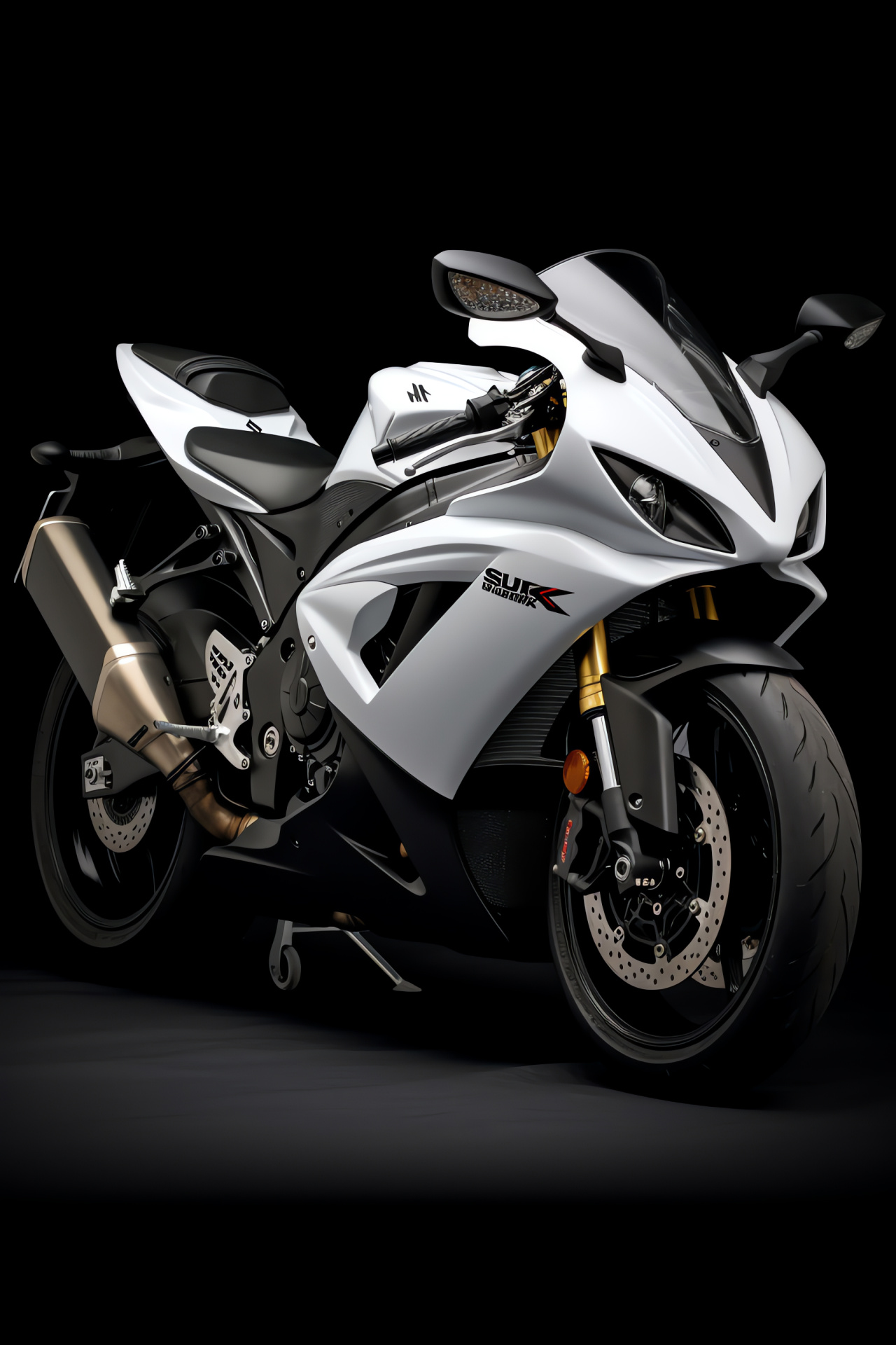 Suzuki GSXR 750 white edition, Black backdrop motorcycle, High-angle bike showcase, Superb bike engineering, Motorbike aura, HD Phone Image